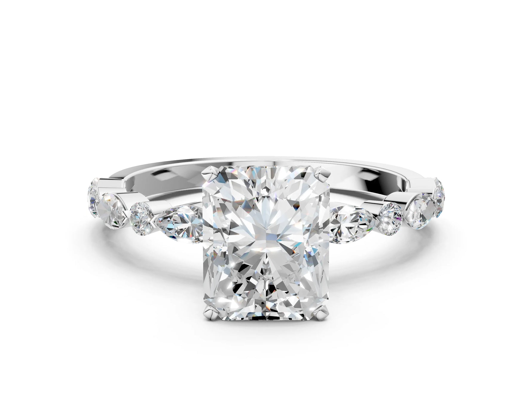 Radiant Cut Diamond Solitaire Ring in White gold with Shared Prong Marquise and Round Side Stones_36