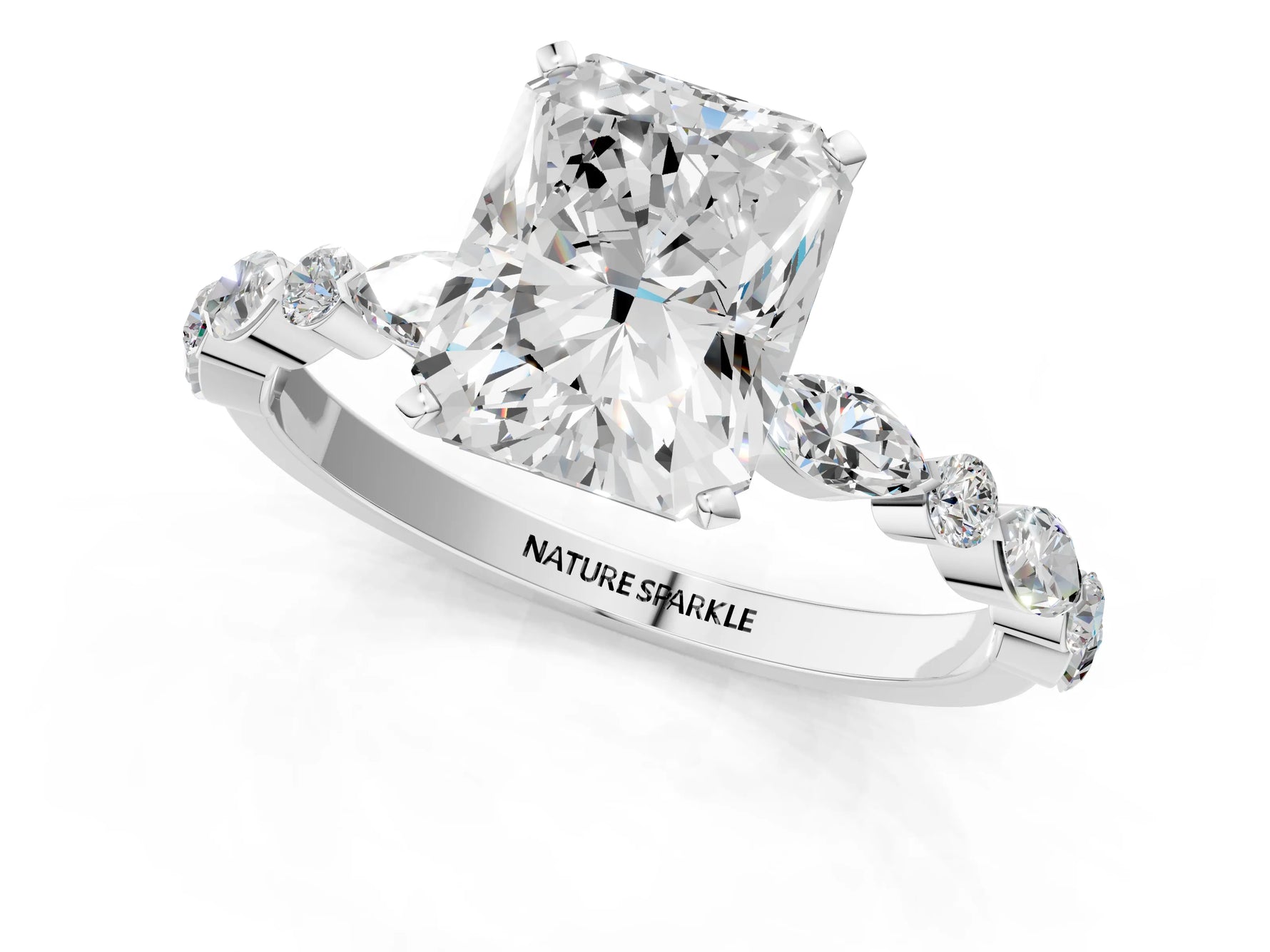 Radiant Cut Diamond Solitaire Ring in White gold with Shared Prong Marquise and Round Side Stones_37