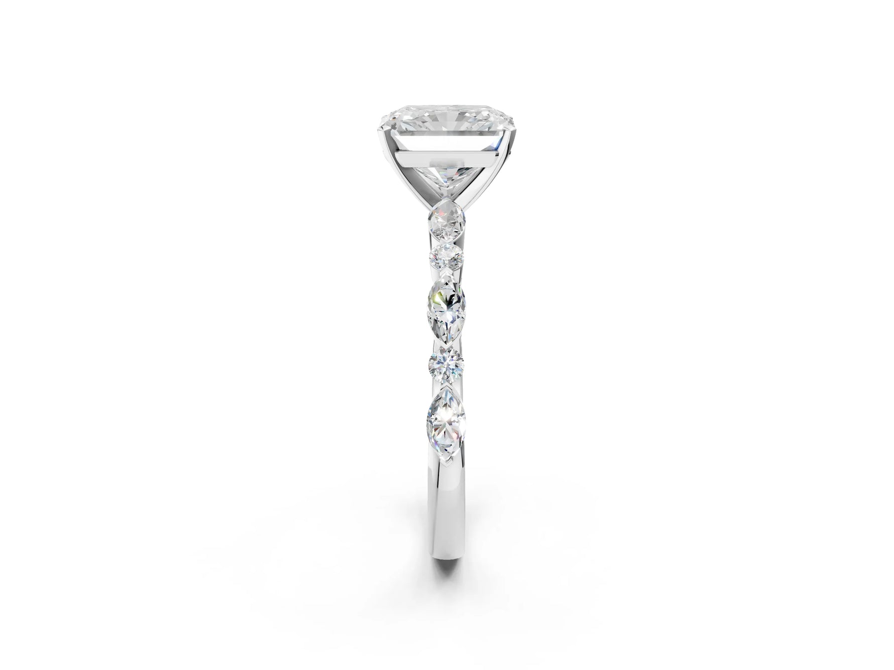 Radiant Cut Diamond Solitaire Ring in White gold with Shared Prong Marquise and Round Side Stones_38