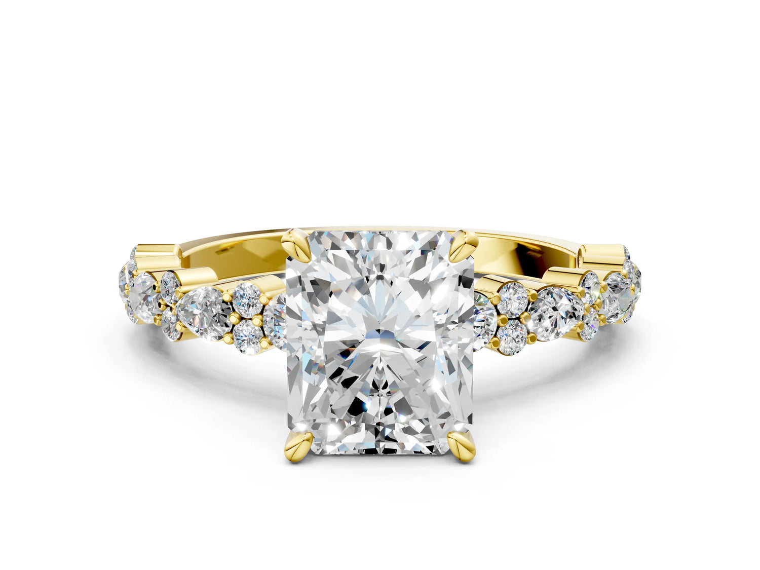Radiant Cut Diamond Solitaire Ring in Yellow gold with Pear and Round Cluster Band_12