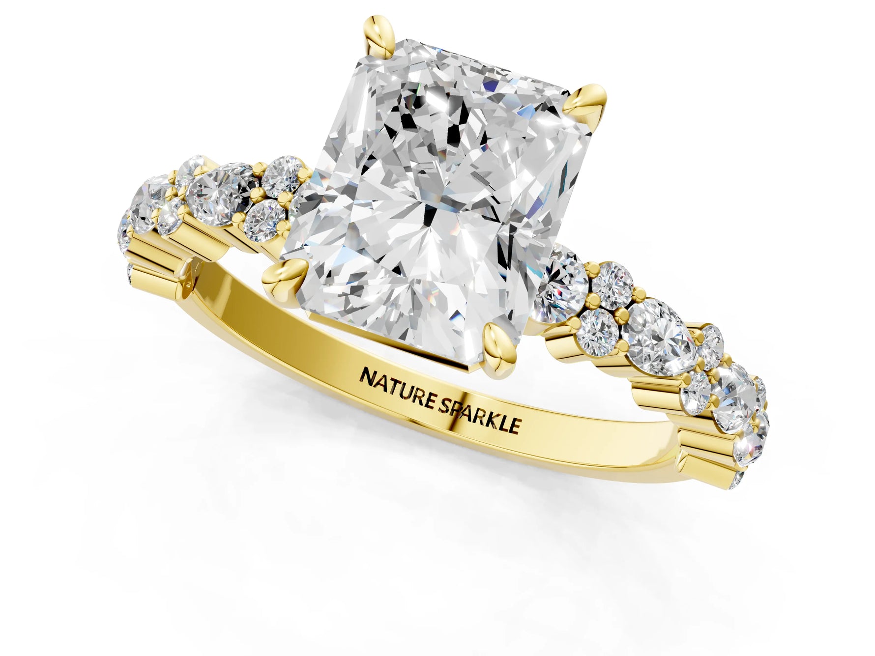 Radiant Cut Diamond Solitaire Ring in Yellow gold with Pear and Round Cluster Band_13