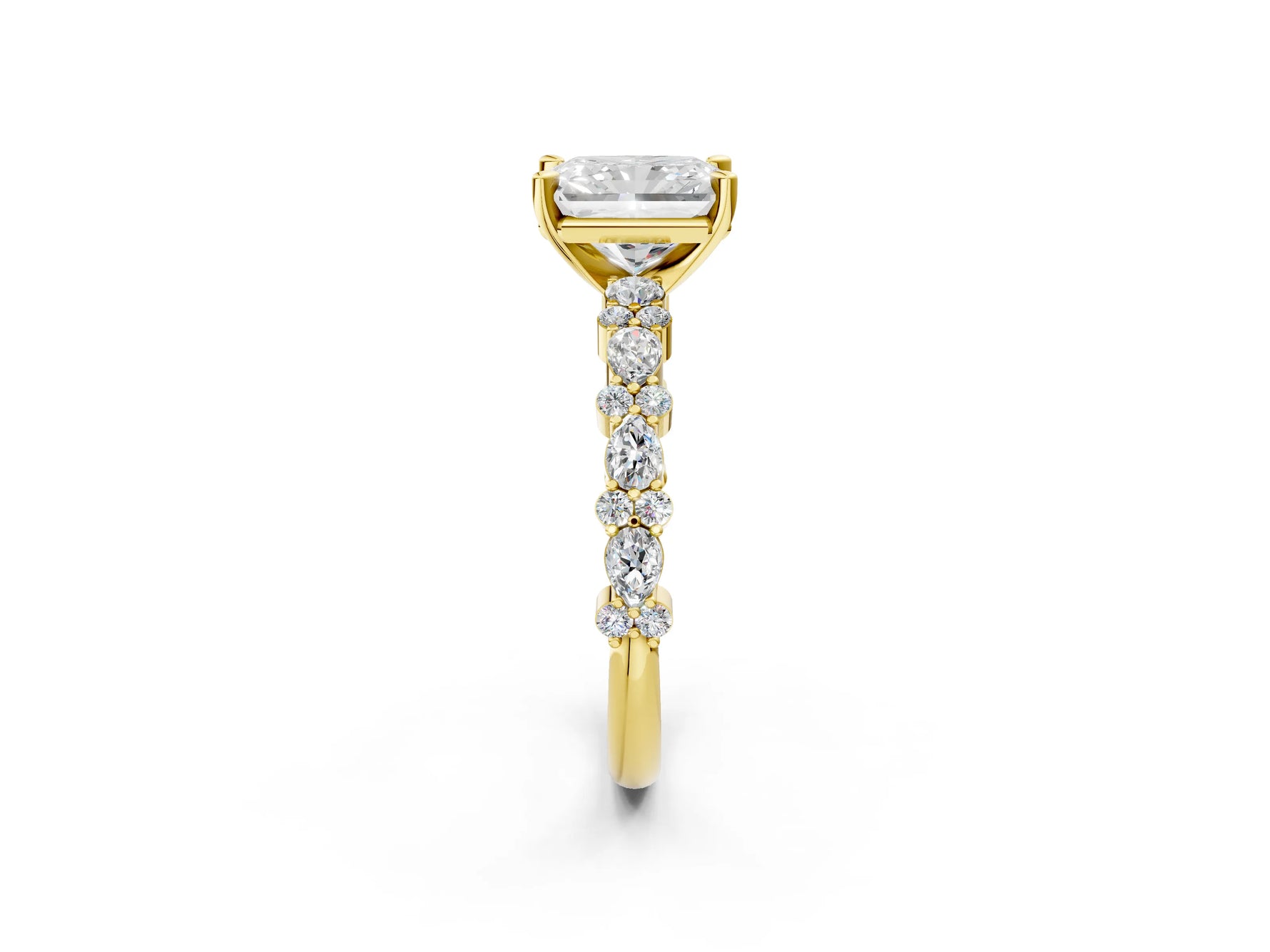 Radiant Cut Diamond Solitaire Ring in Yellow gold with Pear and Round Cluster Band_14