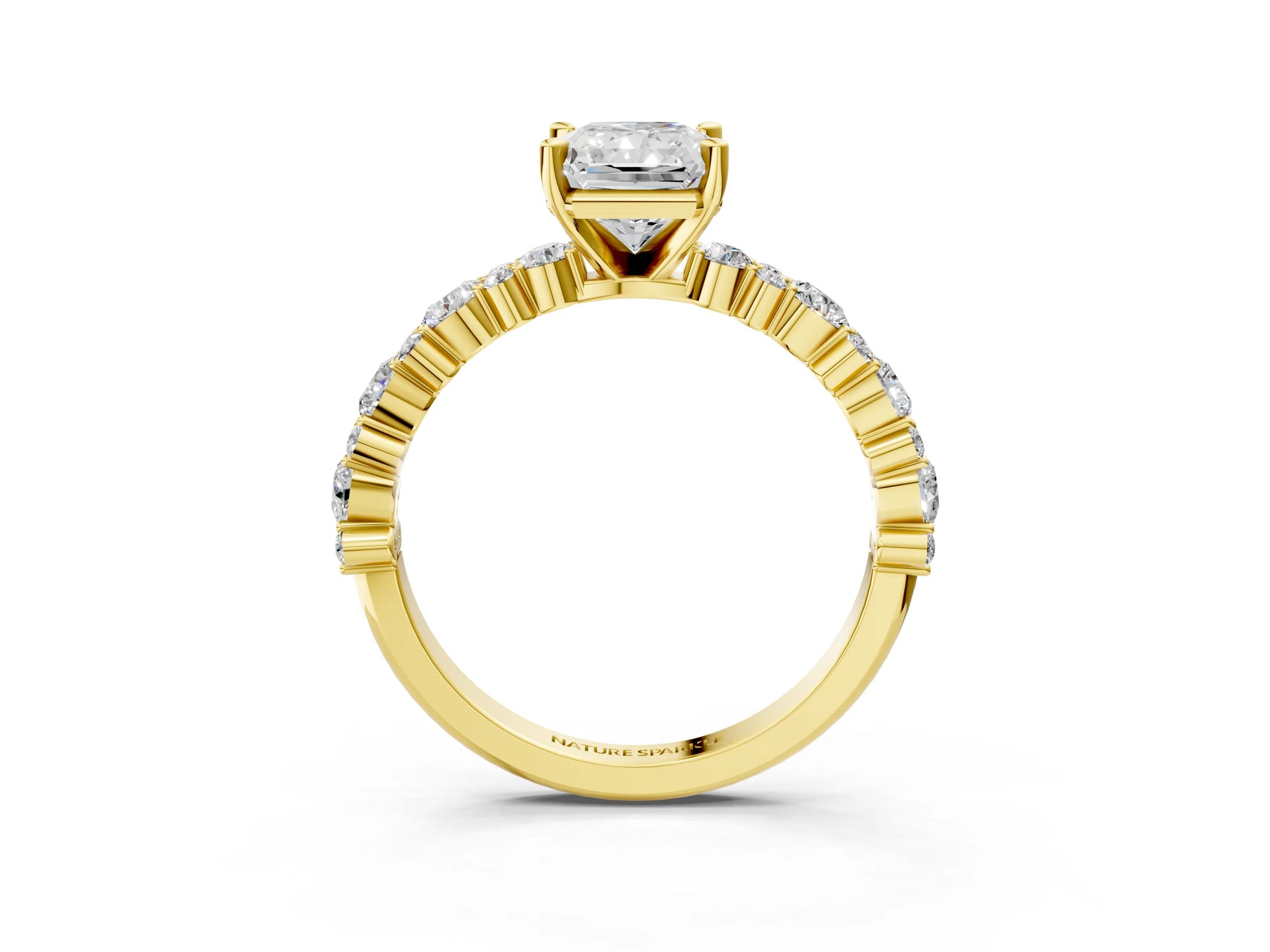 Radiant Cut Diamond Solitaire Ring in Yellow gold with Pear and Round Cluster Band_15