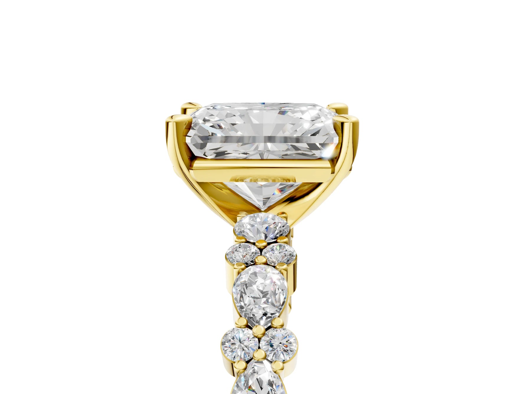 Radiant Cut Diamond Solitaire Ring in Yellow gold with Pear and Round Cluster Band_17