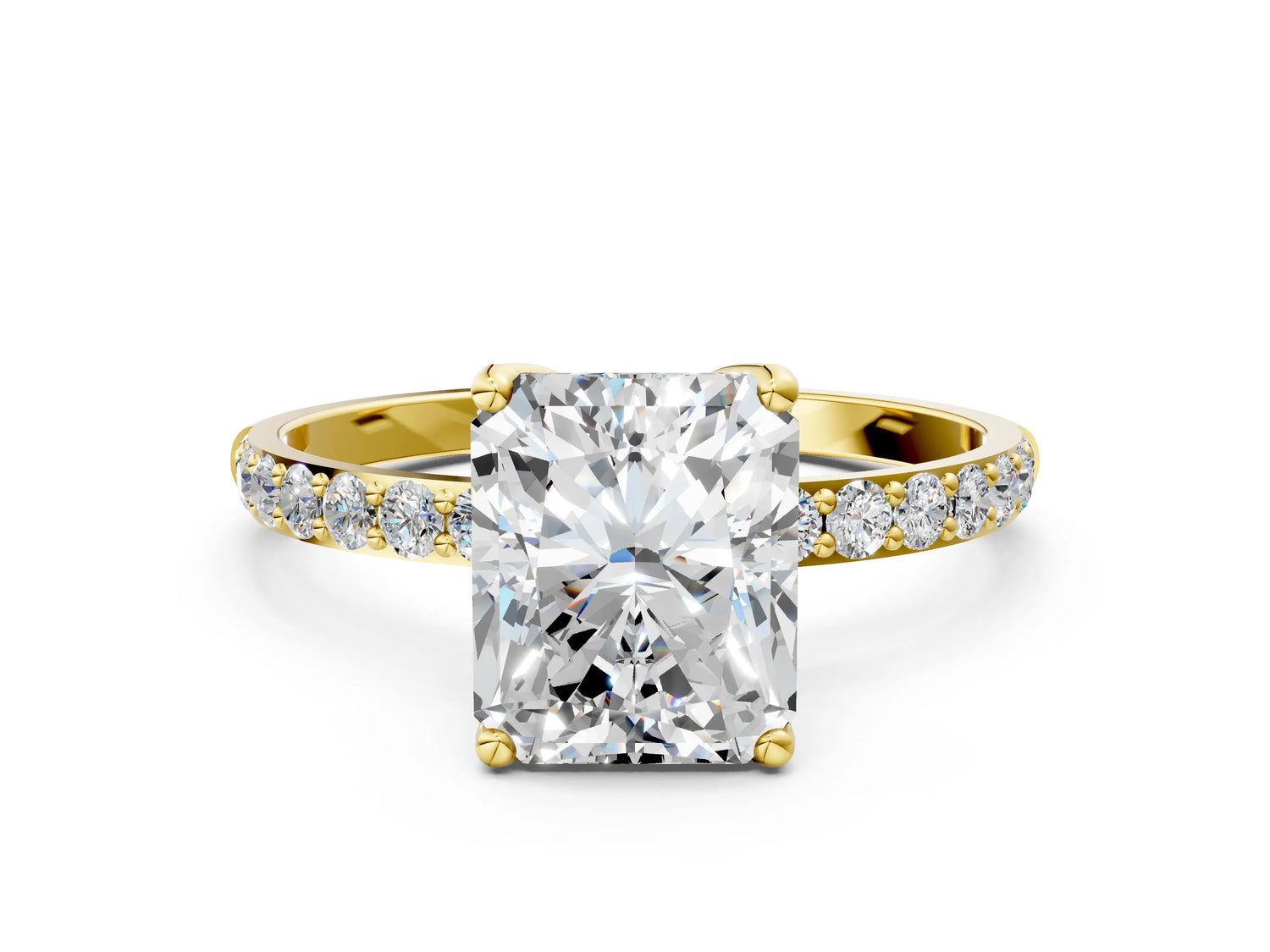 Radiant Cut Diamond Solitaire Ring in Yellow gold with Round Shared Prong Pavé Band_18