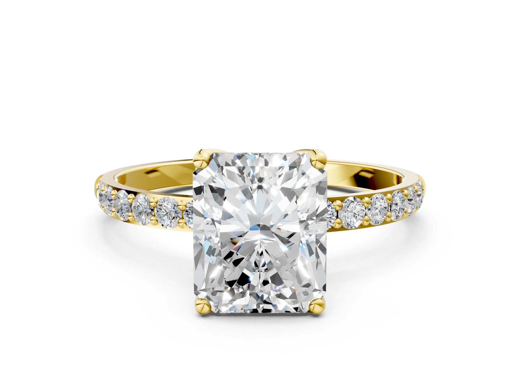 Radiant Cut Diamond Solitaire Ring in Yellow gold with Round Shared Prong Pavé Band_18