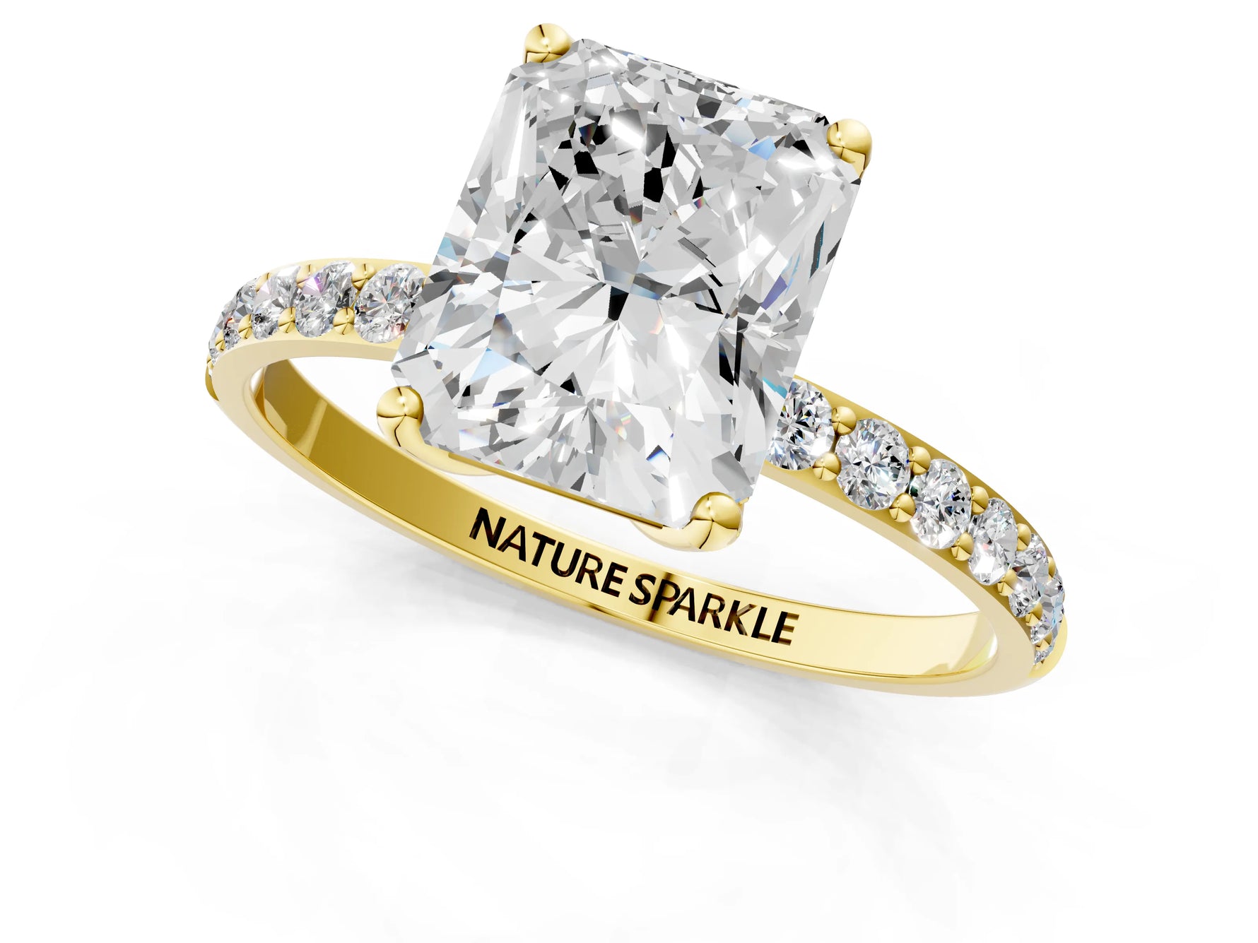 Radiant Cut Diamond Solitaire Ring in Yellow gold with Round Shared Prong Pavé Band_19