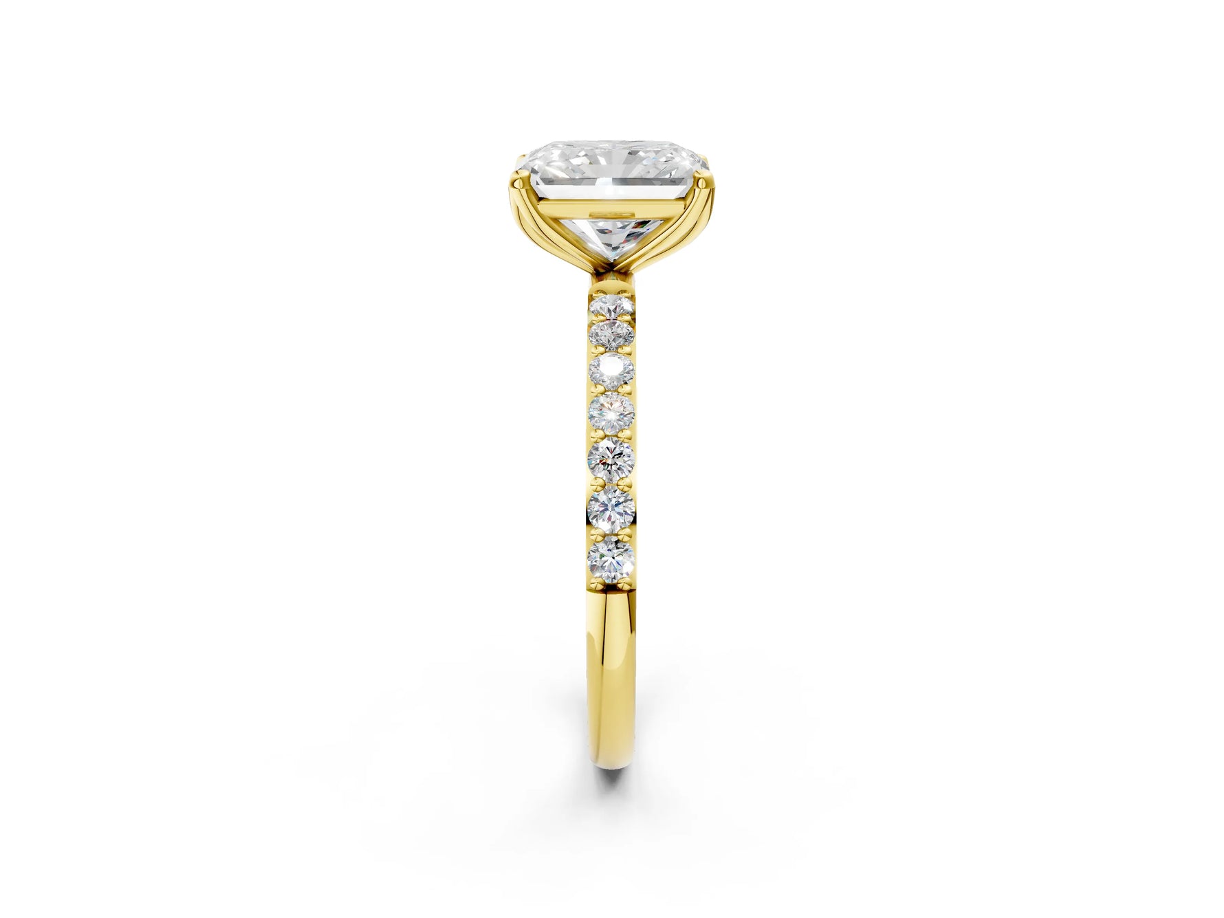 Radiant Cut Diamond Solitaire Ring in Yellow gold with Round Shared Prong Pavé Band_20