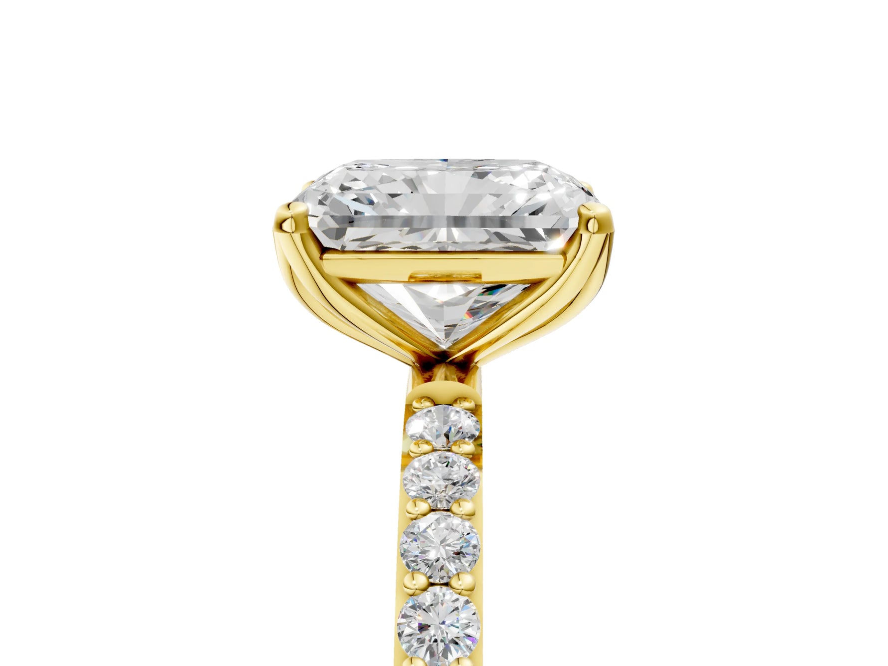 Radiant Cut Diamond Solitaire Ring in Yellow gold with Round Shared Prong Pavé Band_23
