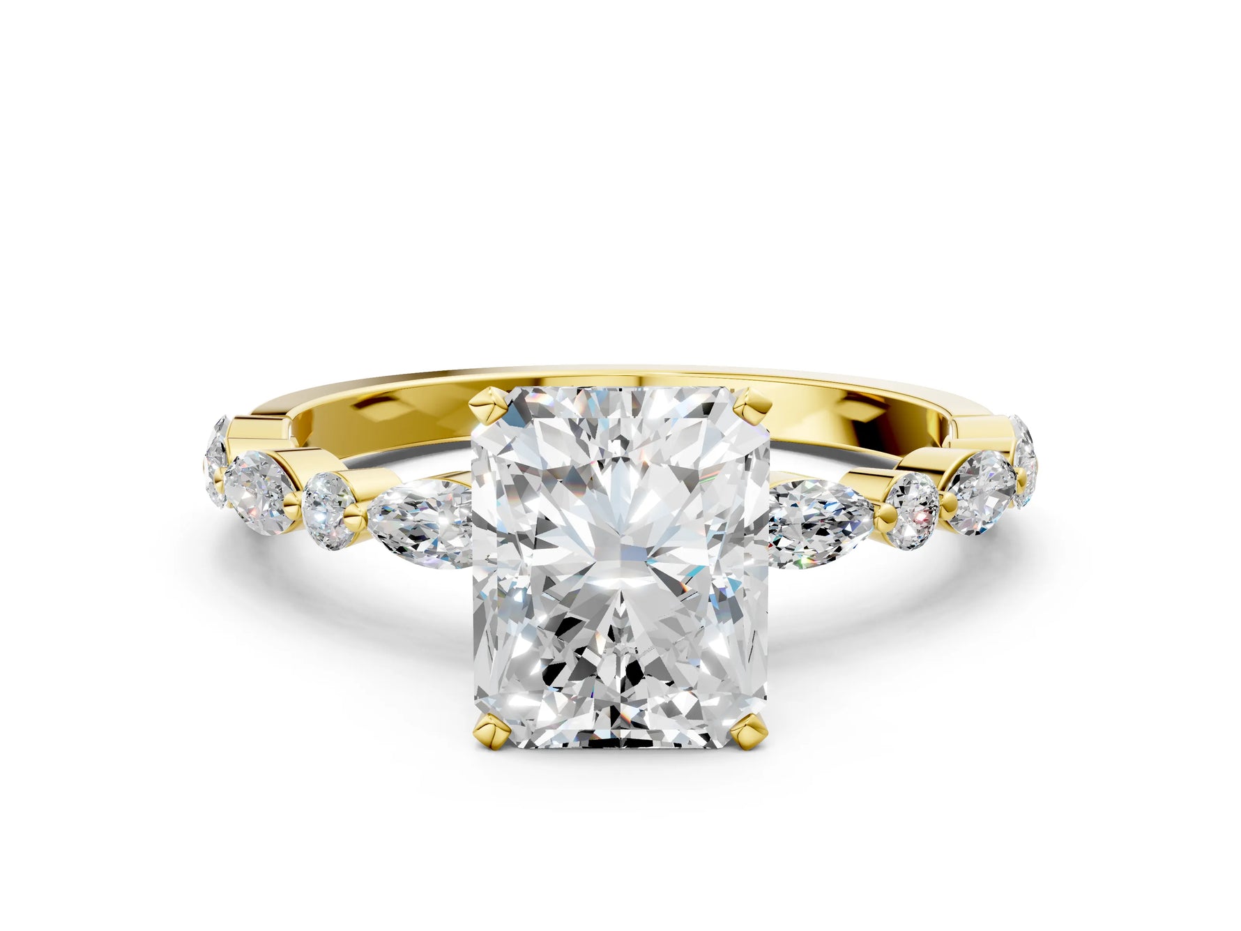 Radiant Cut Diamond Solitaire Ring in Yellow gold with Shared Prong Marquise and Round Side Stones_12