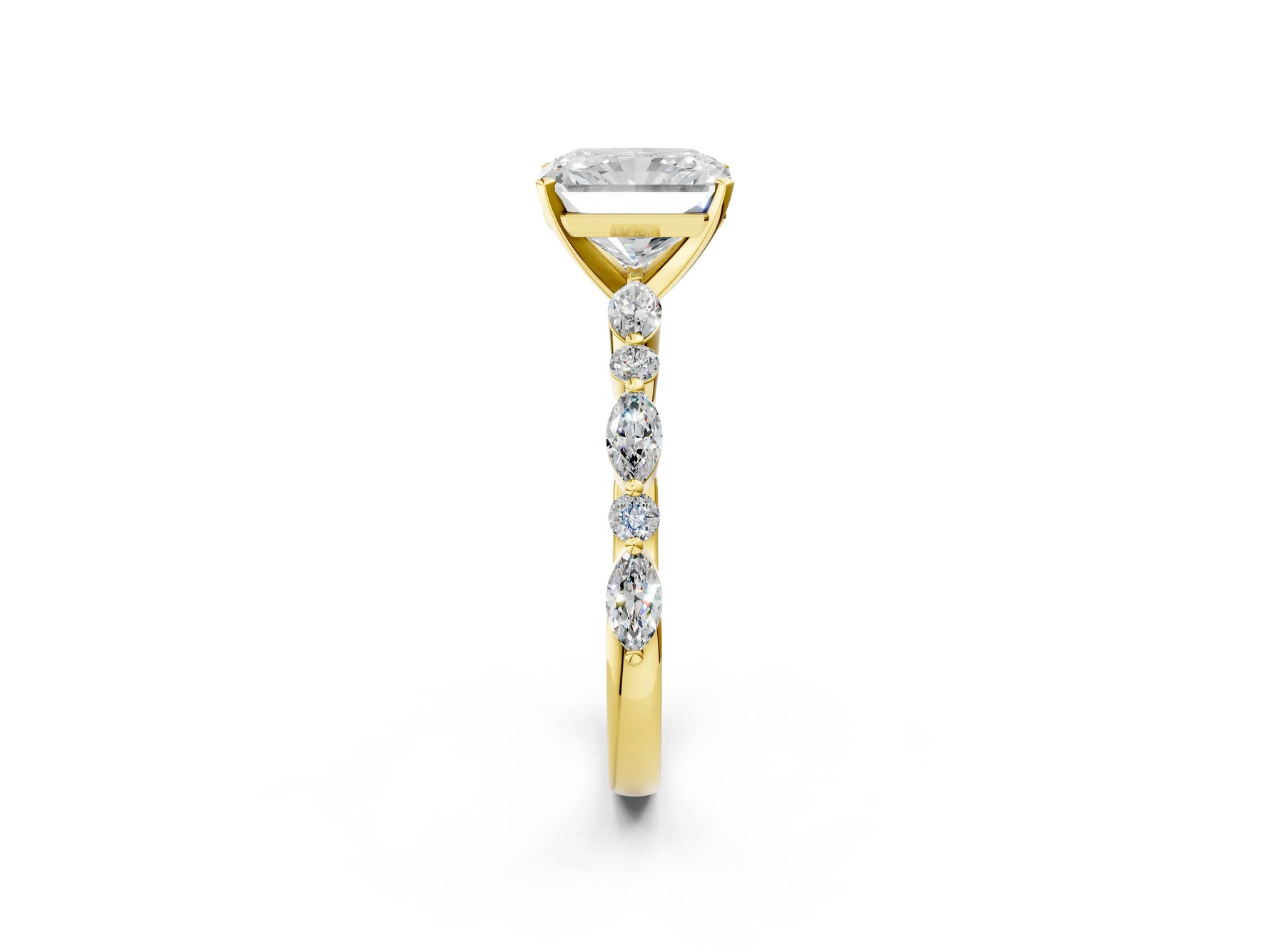 Radiant Cut Diamond Solitaire Ring in Yellow gold with Shared Prong Marquise and Round Side Stones_14