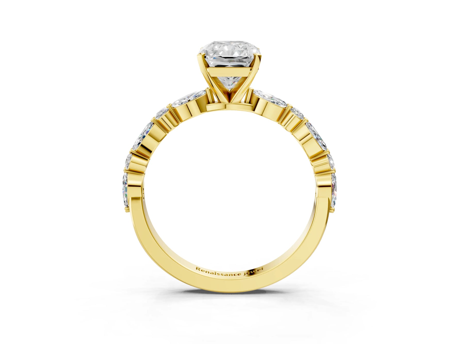 Radiant Cut Diamond Solitaire Ring in Yellow gold with Shared Prong Marquise and Round Side Stones_15