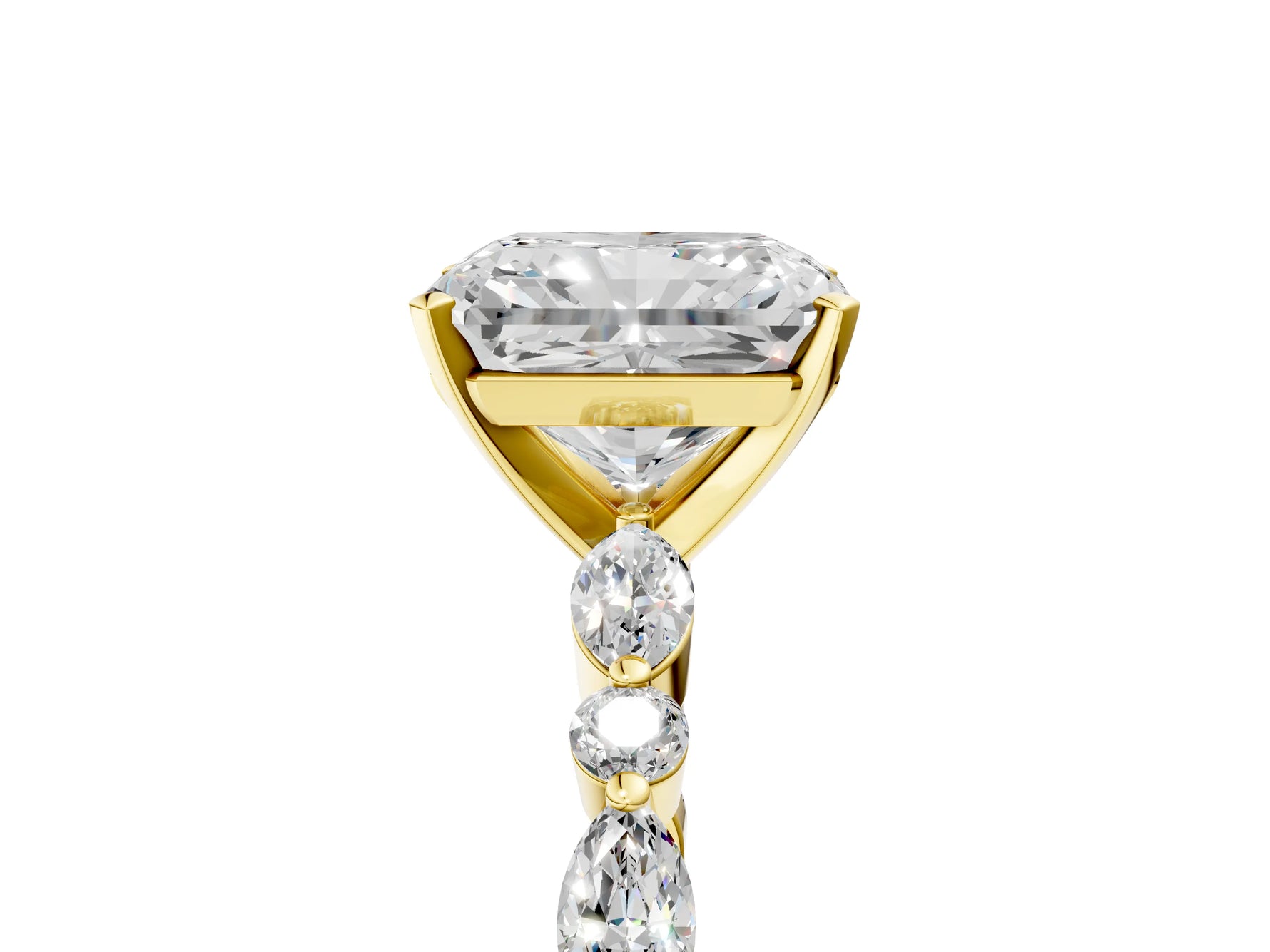 Radiant Cut Diamond Solitaire Ring in Yellow gold with Shared Prong Marquise and Round Side Stones_17
