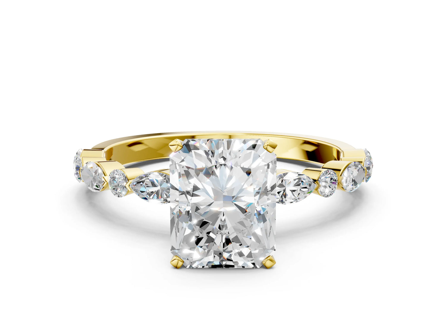 Radiant Cut Diamond Solitaire Ring in Yellow gold with Shared Prong Marquise and Round Side Stones_36