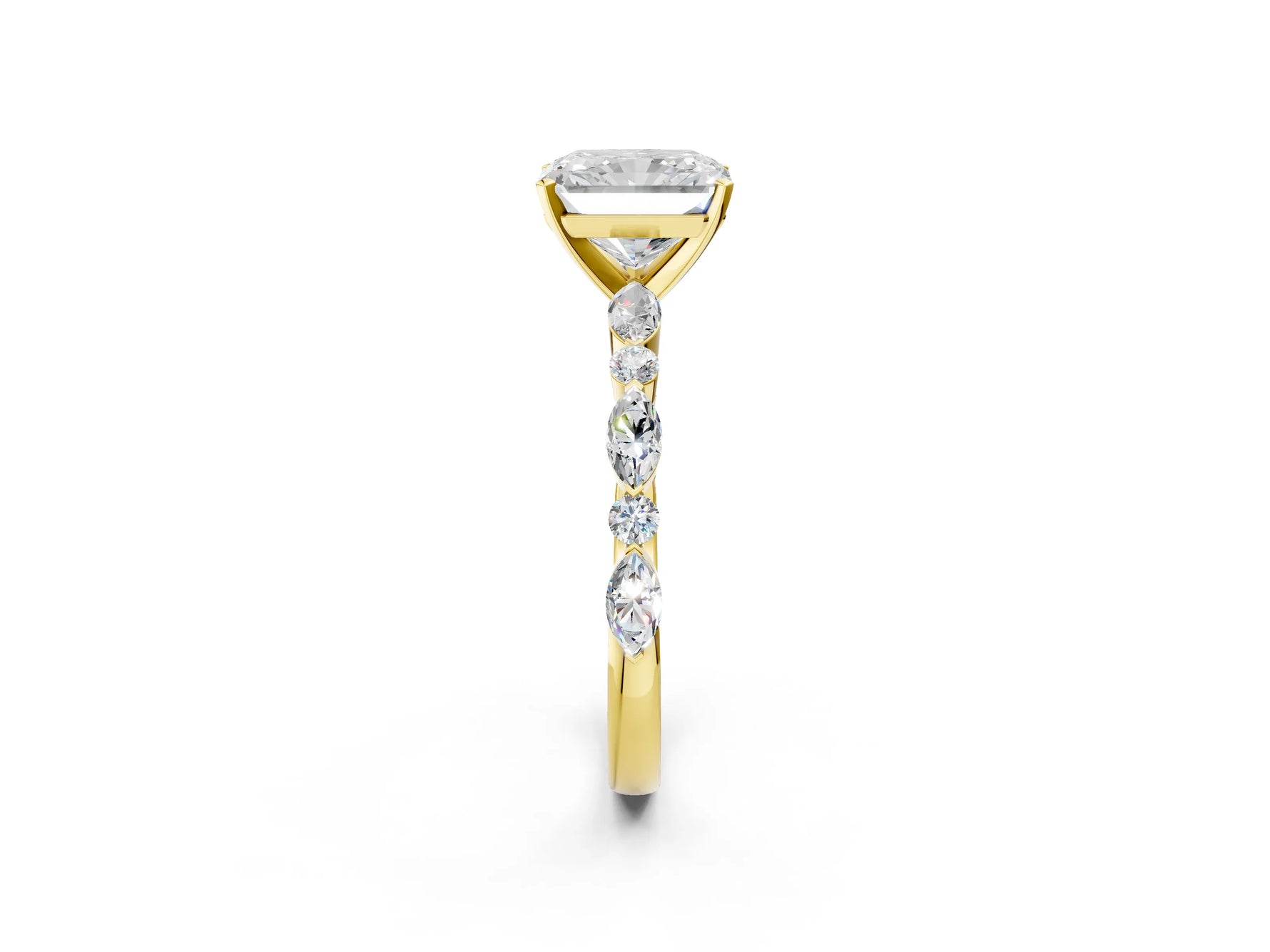 Radiant Cut Diamond Solitaire Ring in Yellow gold with Shared Prong Marquise and Round Side Stones_38