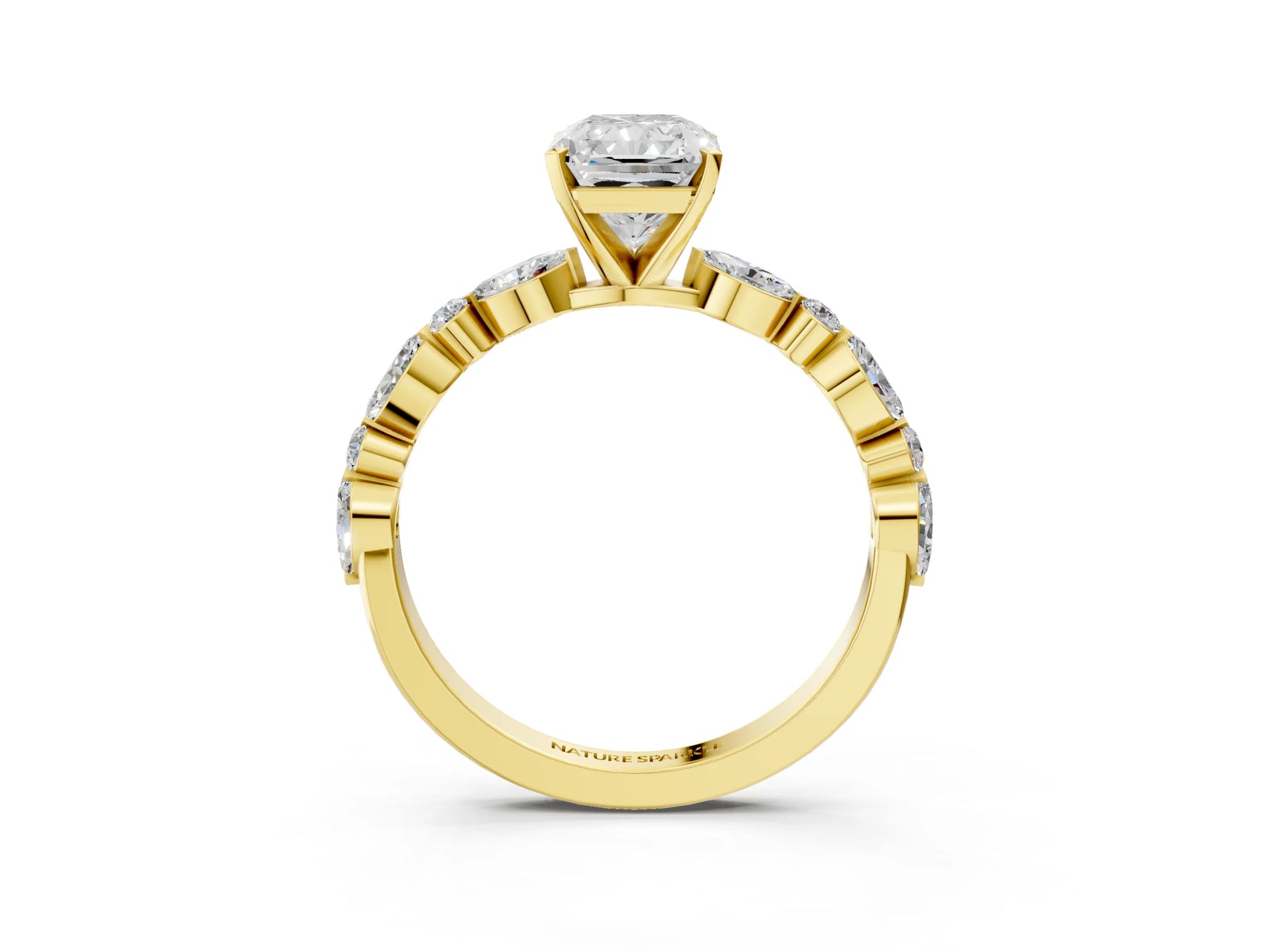 Radiant Cut Diamond Solitaire Ring in Yellow gold with Shared Prong Marquise and Round Side Stones_39
