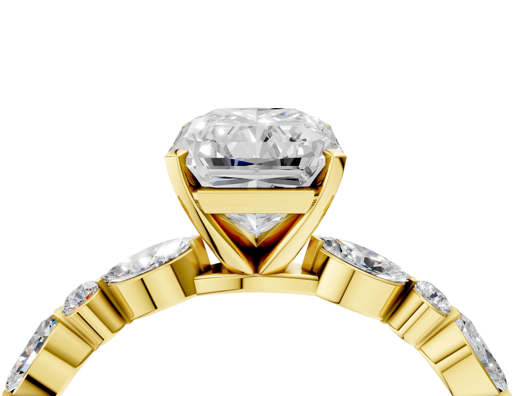 Radiant Cut Diamond Solitaire Ring in Yellow gold with Shared Prong Marquise and Round Side Stones_40