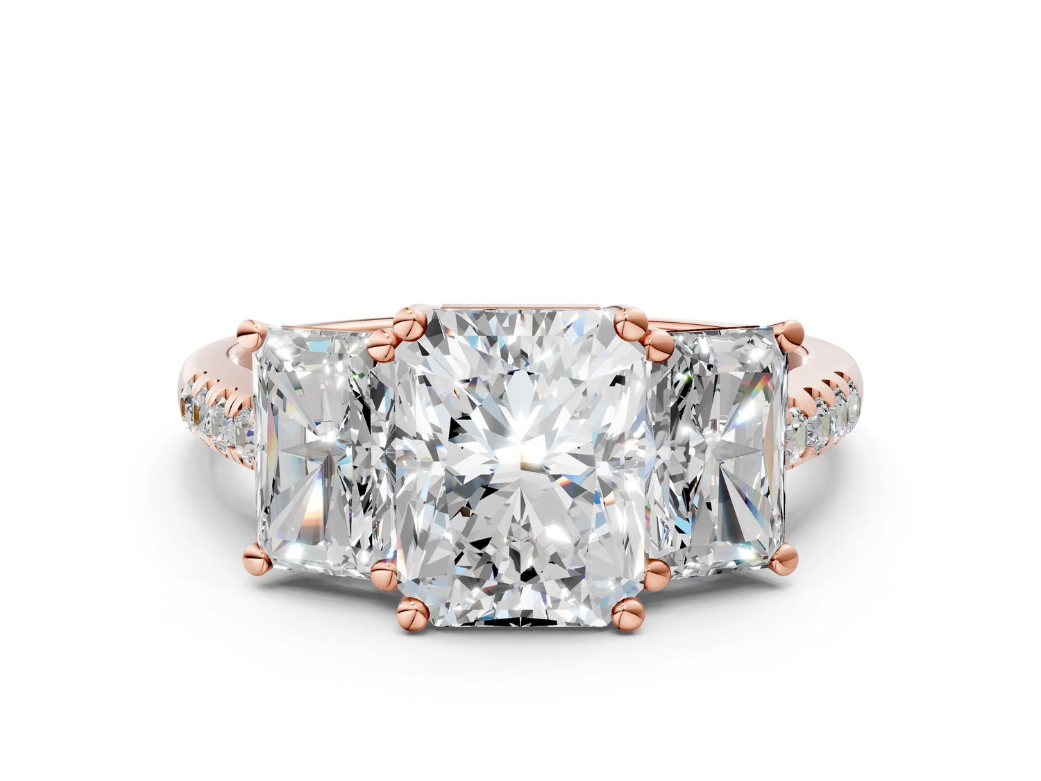 Radiant Cut Diamond Trellis Three-Stone Engagement Ring in Rose gold with Round Side Stones_18