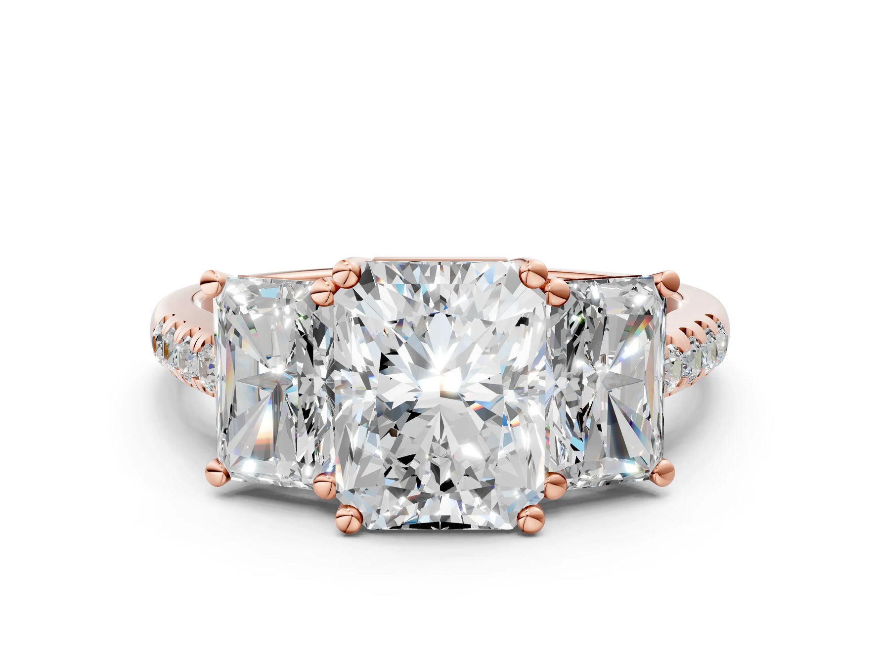 Radiant Cut Diamond Trellis Three-Stone Engagement Ring in Rose gold with Round Side Stones_18