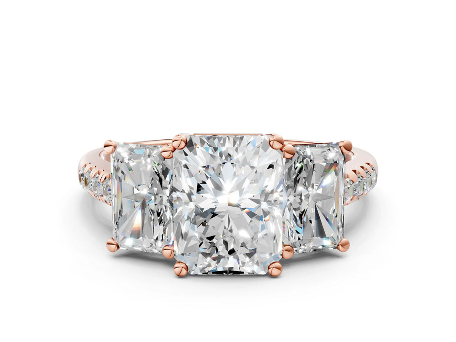 Radiant Cut Diamond Trellis Three-Stone Engagement Ring in Rose gold with Round Side Stones