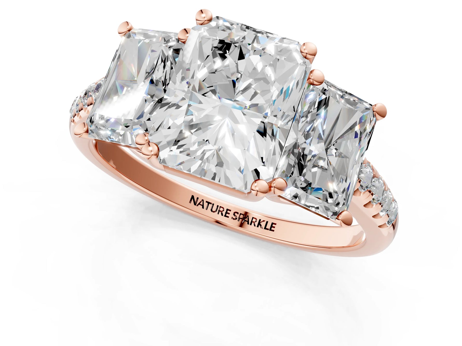 Radiant Cut Diamond Trellis Three-Stone Engagement Ring in Rose gold with Round Side Stones_19