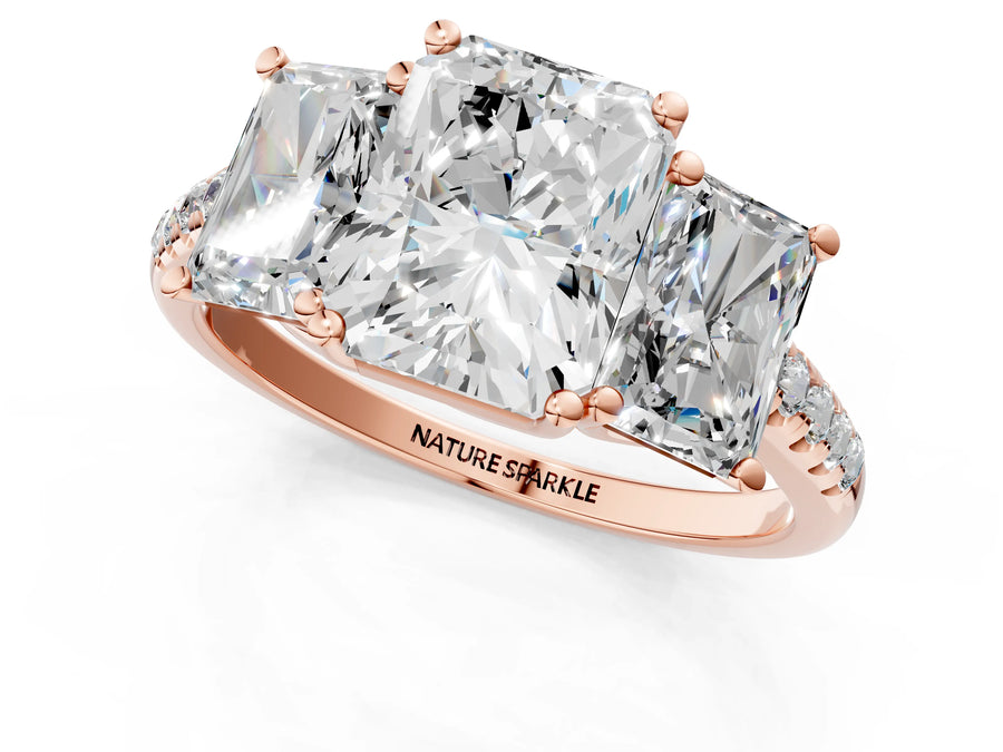 Radiant Cut Diamond Trellis Three-Stone Engagement Ring in Rose gold with Round Side Stones