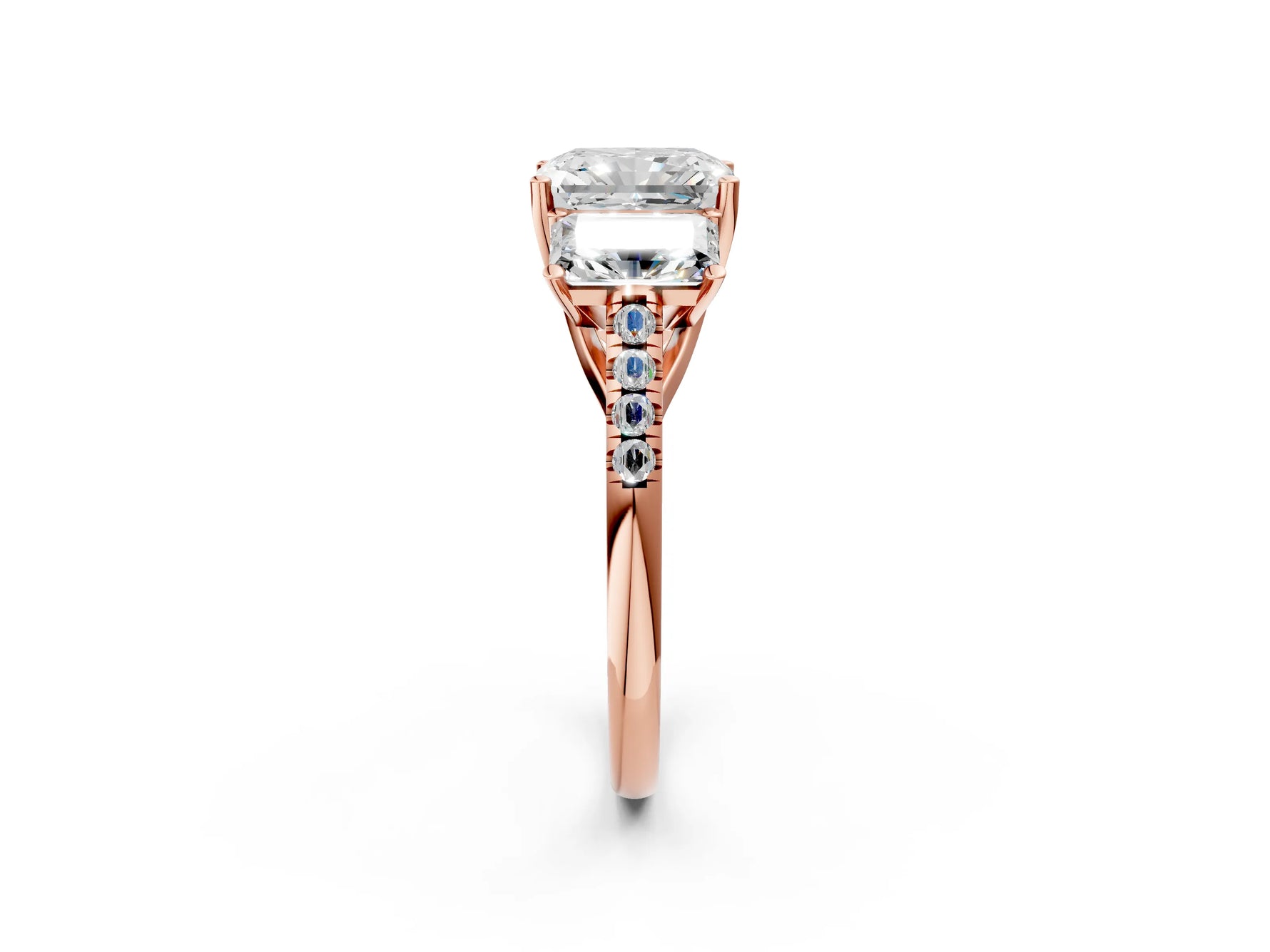 Radiant Cut Diamond Trellis Three-Stone Engagement Ring in Rose gold with Round Side Stones_20