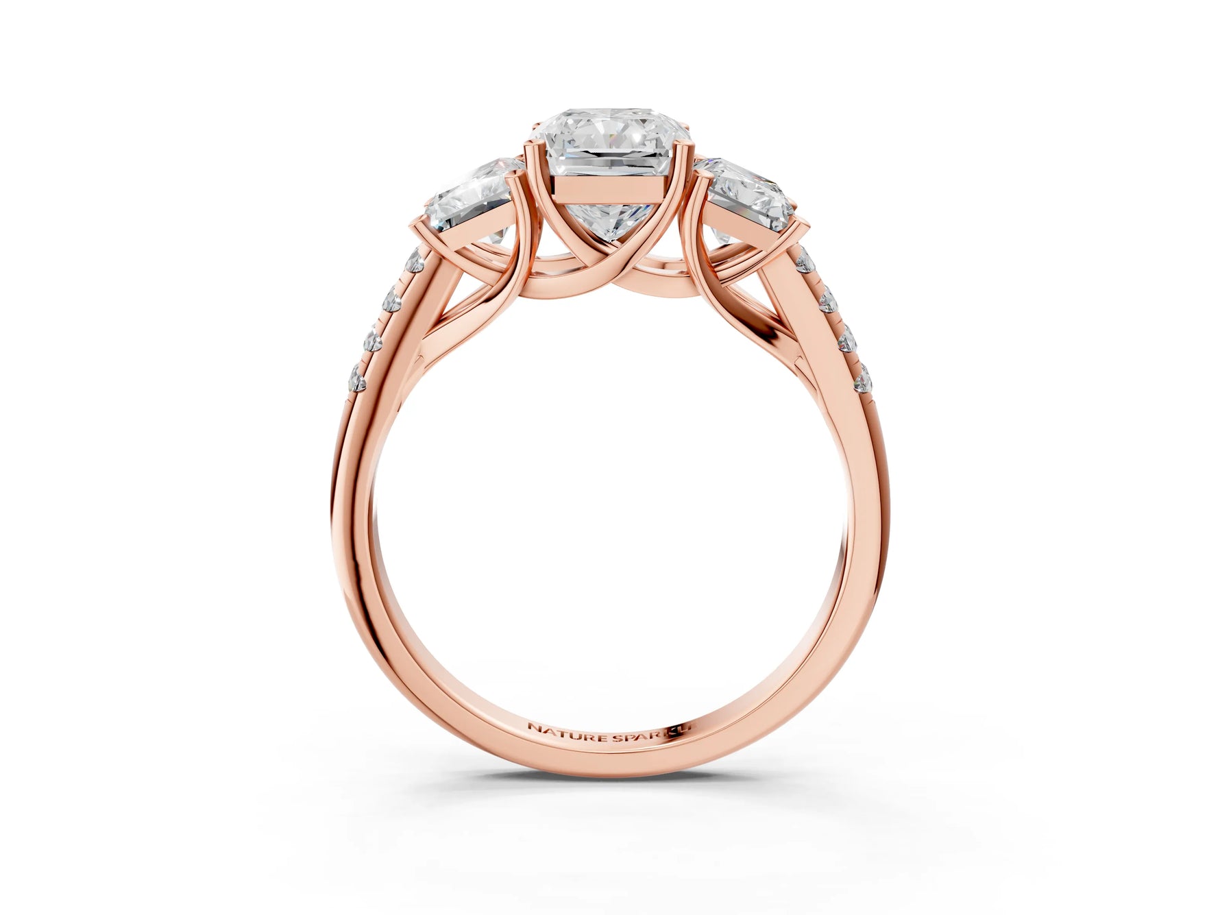 Radiant Cut Diamond Trellis Three-Stone Engagement Ring in Rose gold with Round Side Stones_21