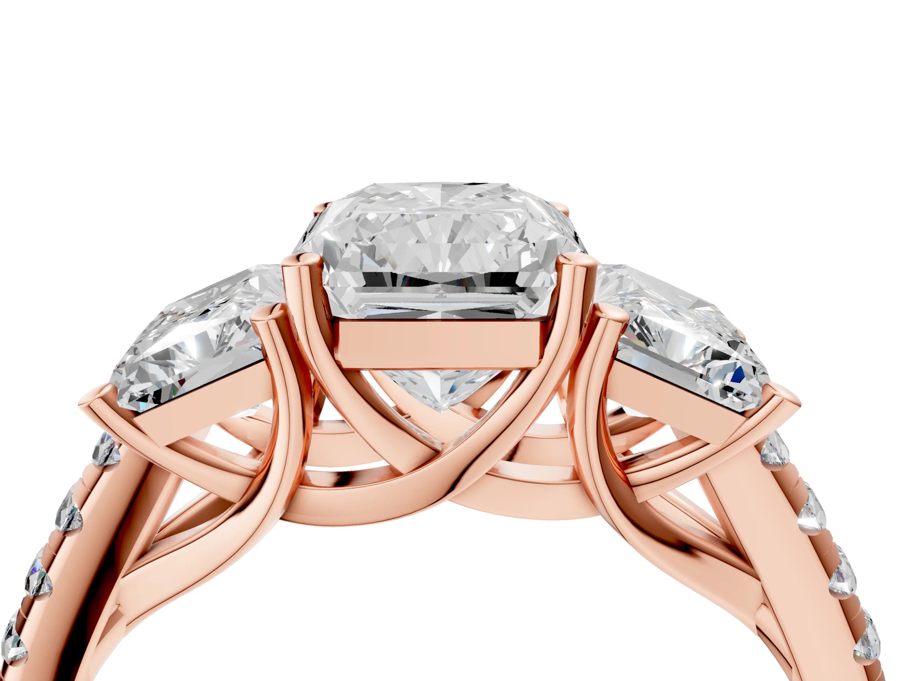 Radiant Cut Diamond Trellis Three-Stone Engagement Ring in Rose gold with Round Side Stones_22