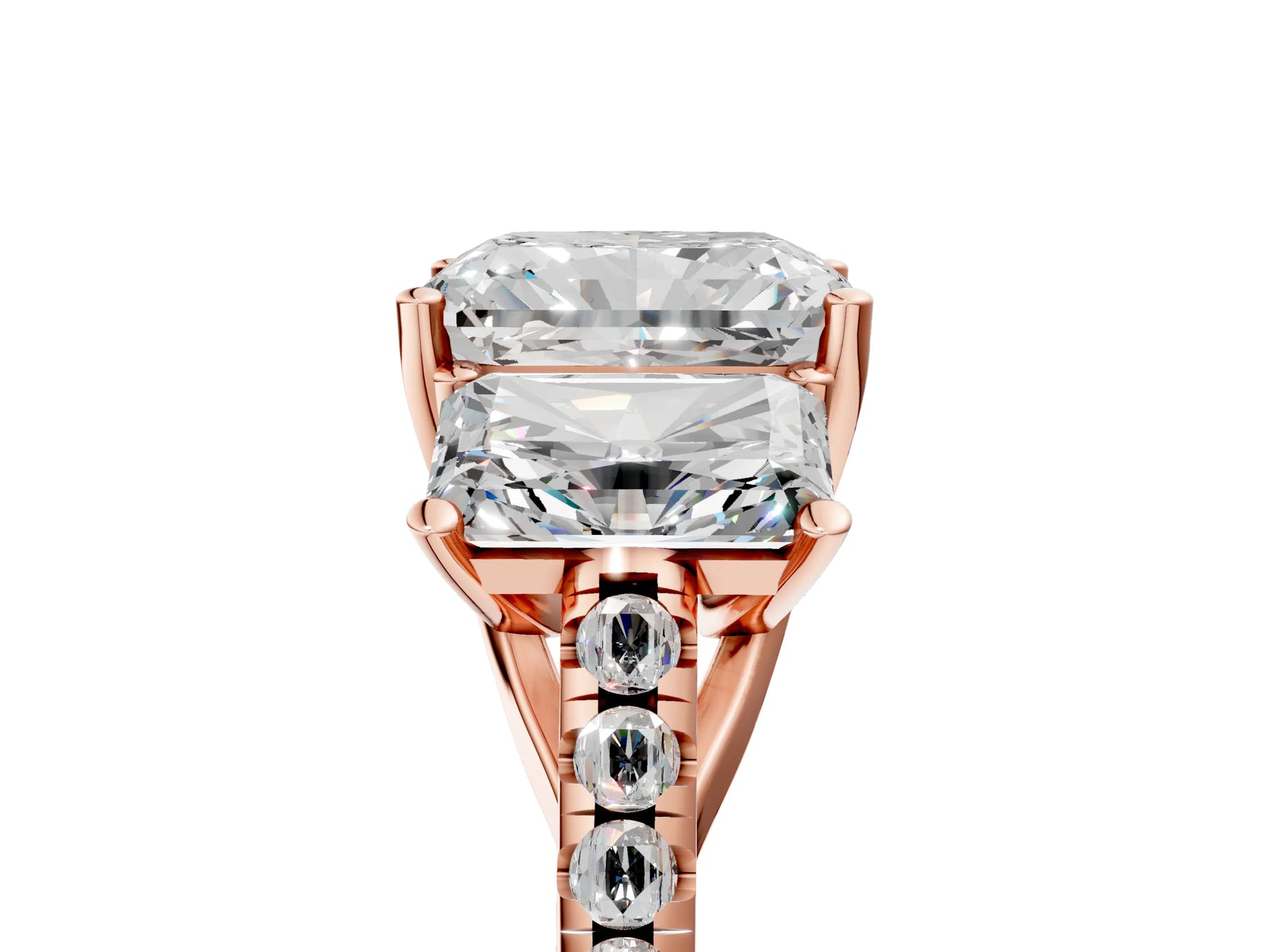 Radiant Cut Diamond Trellis Three-Stone Engagement Ring in Rose gold with Round Side Stones_23