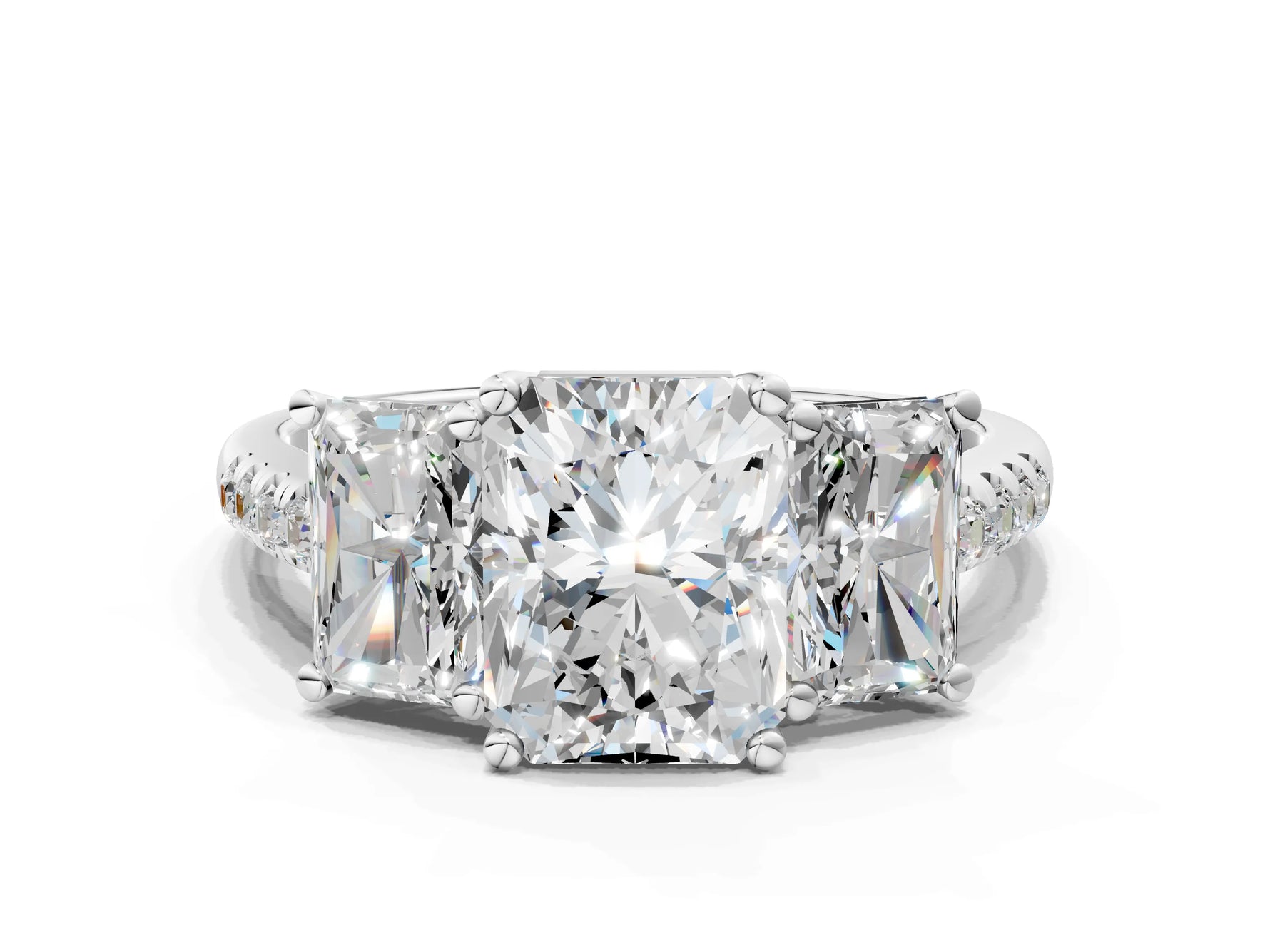 Radiant Cut Diamond Trellis Three-Stone Engagement Ring in White gold with Round Side Stones_18