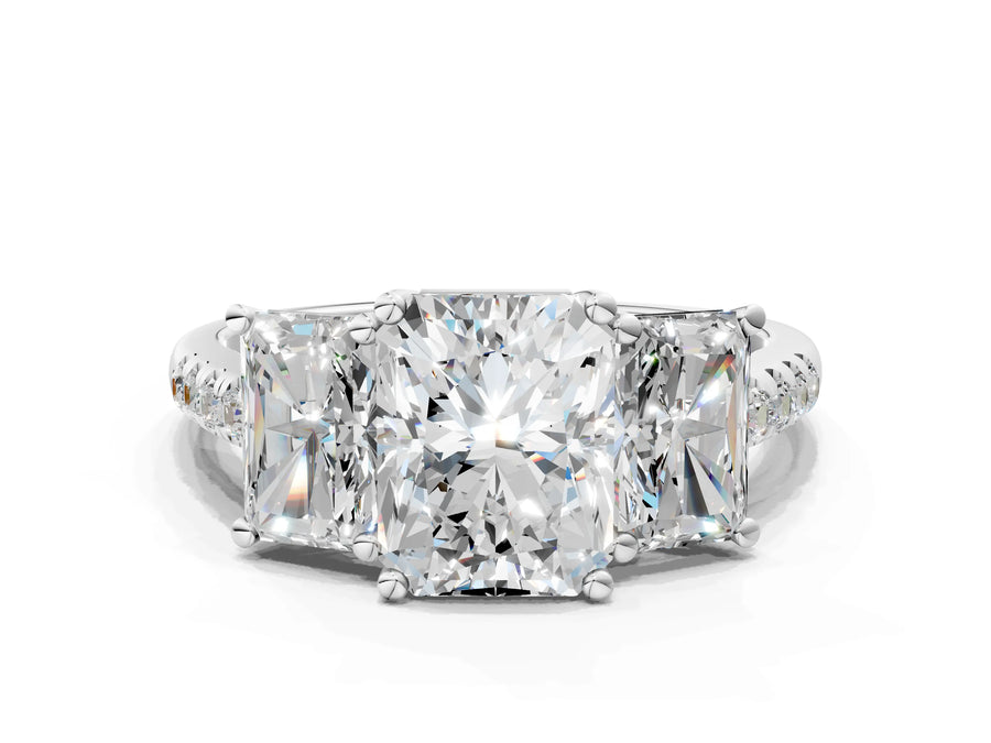 Radiant Cut Diamond Trellis Three-Stone Engagement Ring in White gold with Round Side Stones
