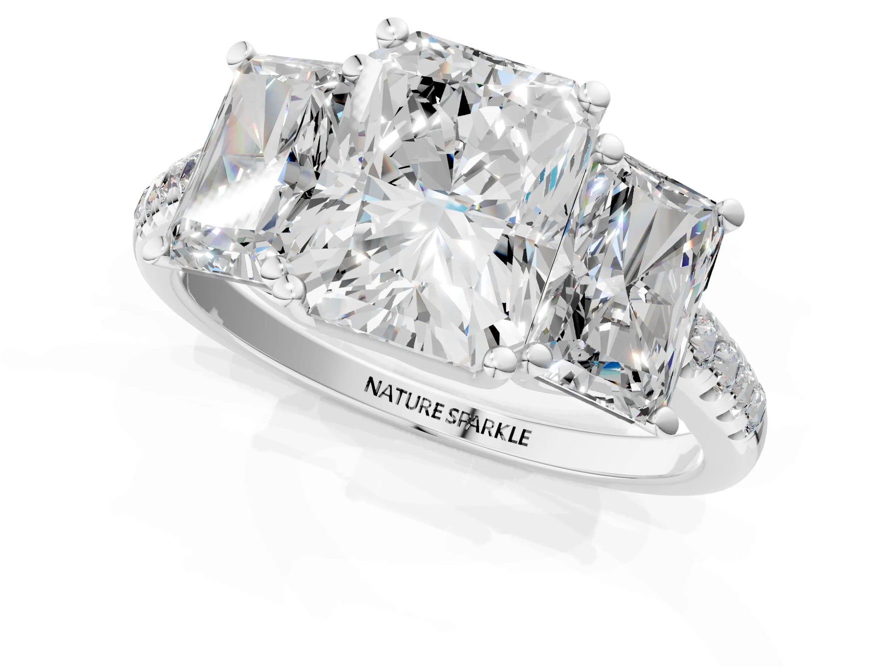 Radiant Cut Diamond Trellis Three-Stone Engagement Ring in White gold with Round Side Stones_19