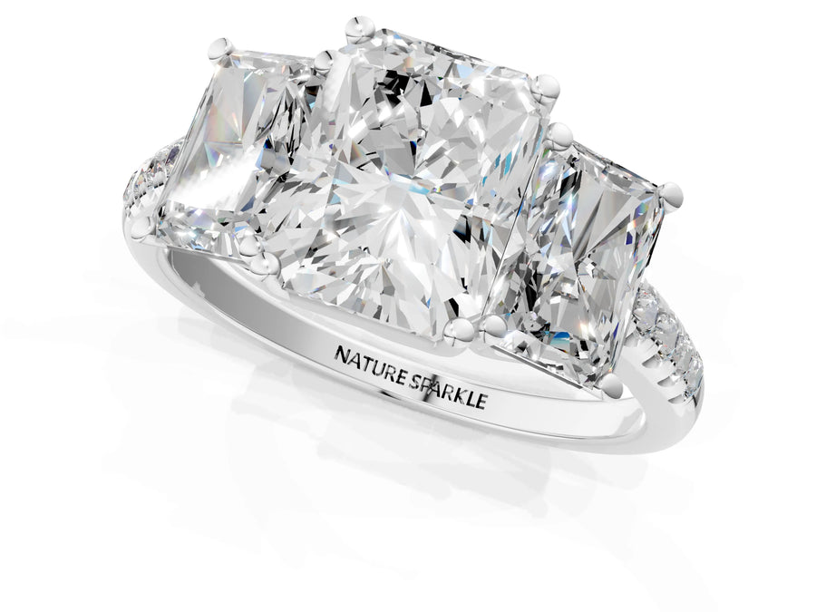 Radiant Cut Diamond Trellis Three-Stone Engagement Ring in White gold with Round Side Stones