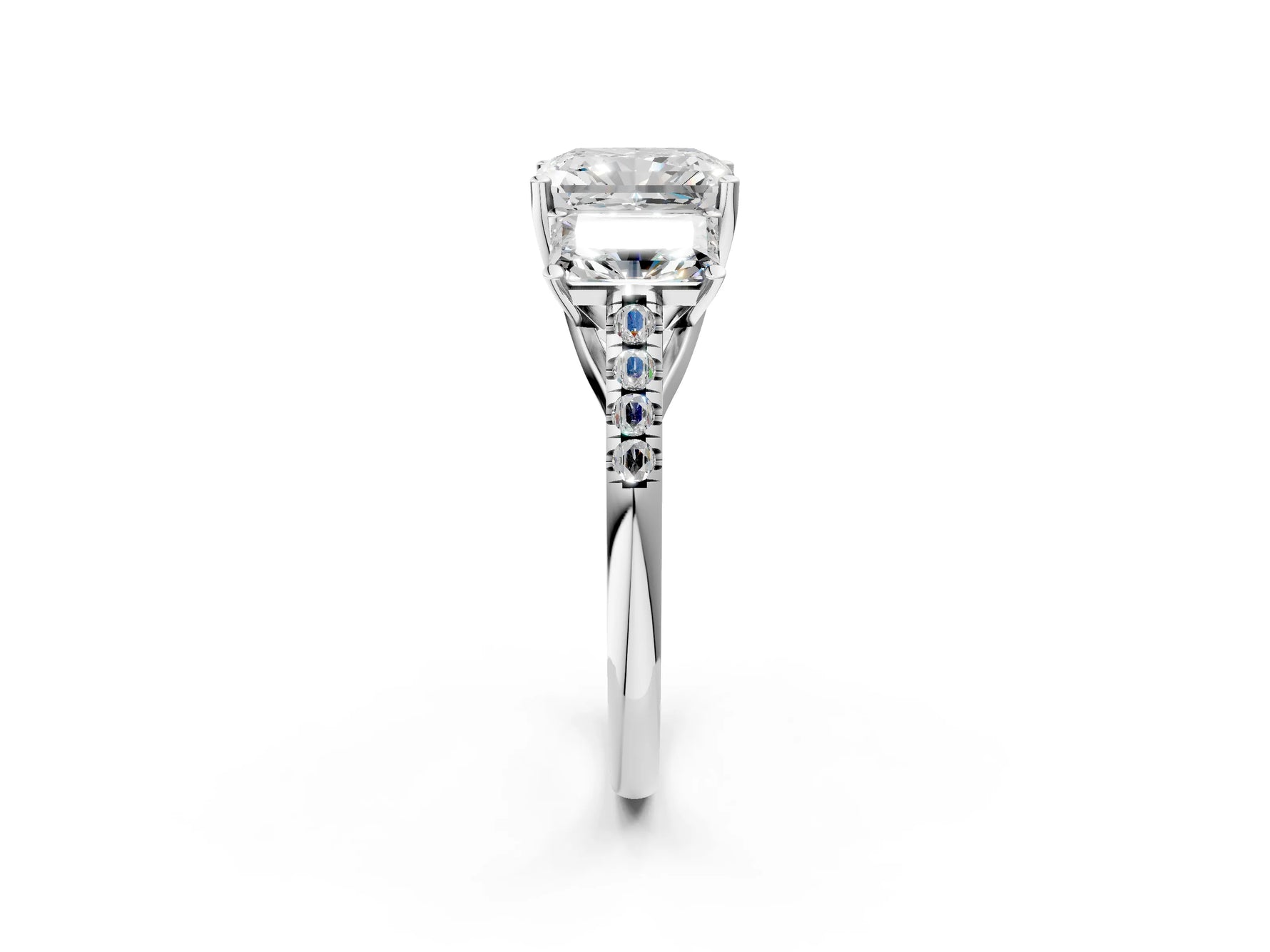 Radiant Cut Diamond Trellis Three-Stone Engagement Ring in White gold with Round Side Stones_20