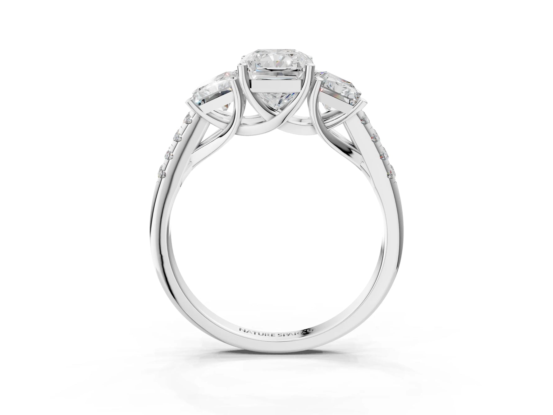 Radiant Cut Diamond Trellis Three-Stone Engagement Ring in White gold with Round Side Stones_21