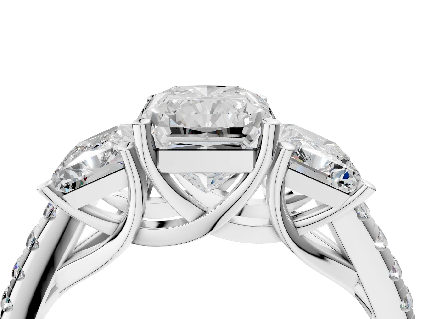 Radiant Cut Diamond Trellis Three-Stone Engagement Ring in White gold with Round Side Stones_22