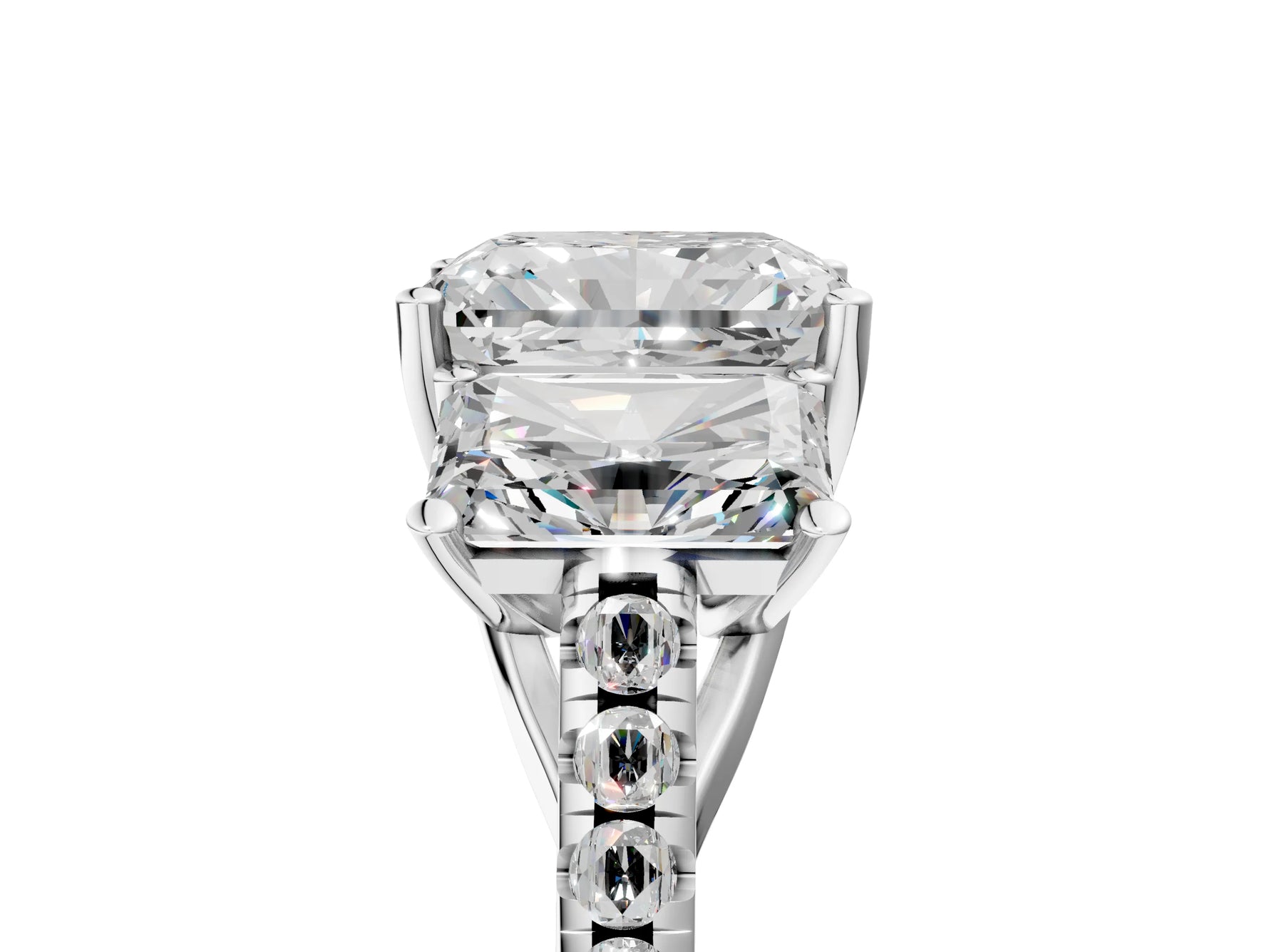 Radiant Cut Diamond Trellis Three-Stone Engagement Ring in White gold with Round Side Stones_23