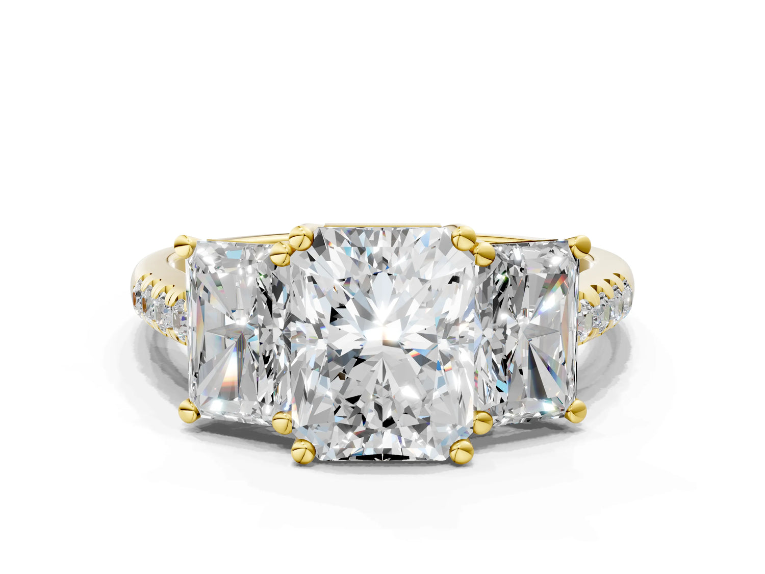 Radiant Cut Diamond Trellis Three-Stone Engagement Ring in Yellow gold with Round Side Stones_18