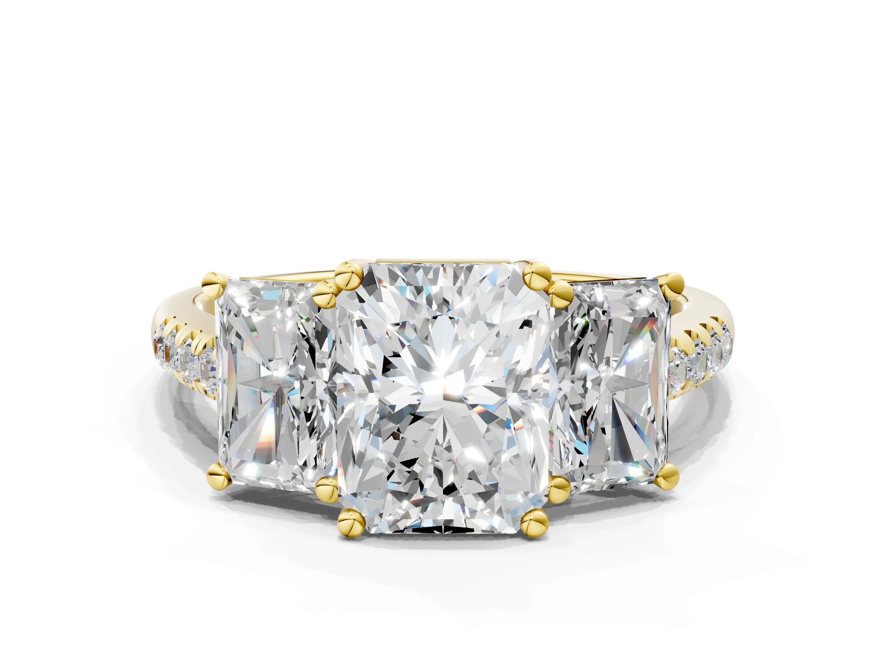 Radiant Cut Diamond Trellis Three-Stone Engagement Ring in Yellow gold with Round Side Stones_18