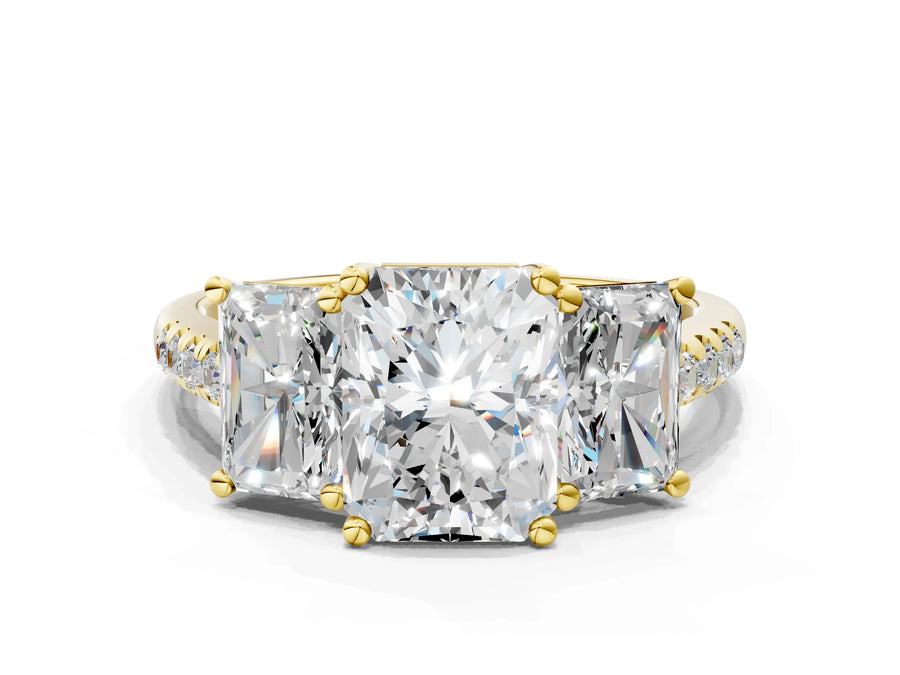 Radiant Cut Diamond Trellis Three-Stone Engagement Ring in Yellow gold with Round Side Stones