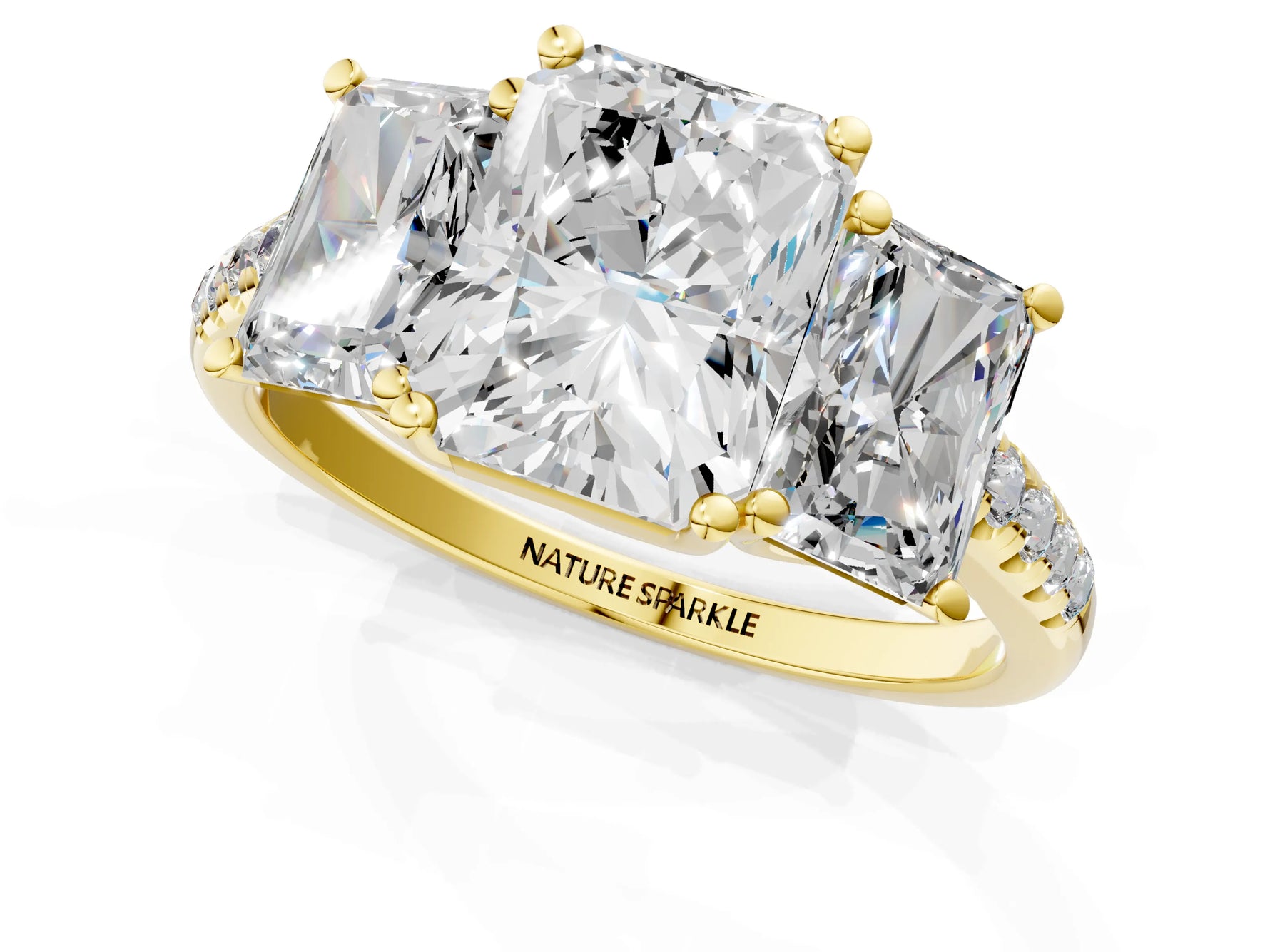 Radiant Cut Diamond Trellis Three-Stone Engagement Ring in Yellow gold with Round Side Stones_19