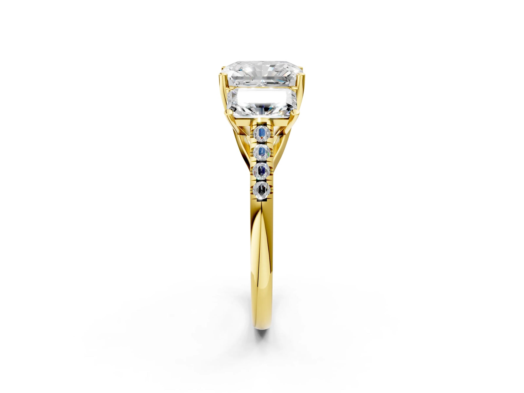 Radiant Cut Diamond Trellis Three-Stone Engagement Ring in Yellow gold with Round Side Stones_20