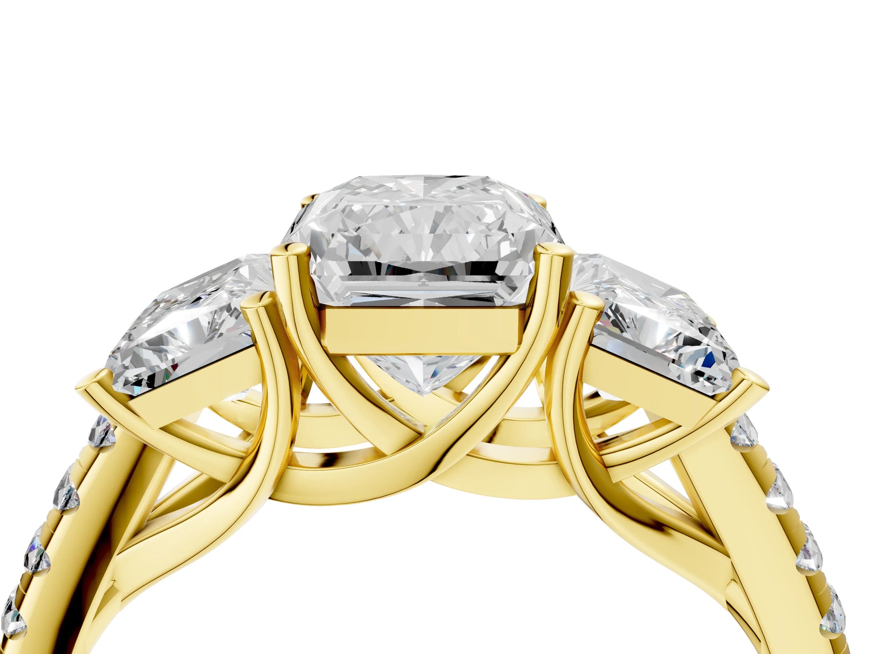Radiant Cut Diamond Trellis Three-Stone Engagement Ring in Yellow gold with Round Side Stones_22