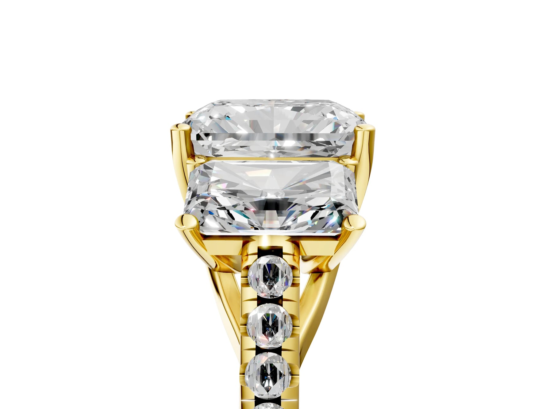 Radiant Cut Diamond Trellis Three-Stone Engagement Ring in Yellow gold with Round Side Stones_23