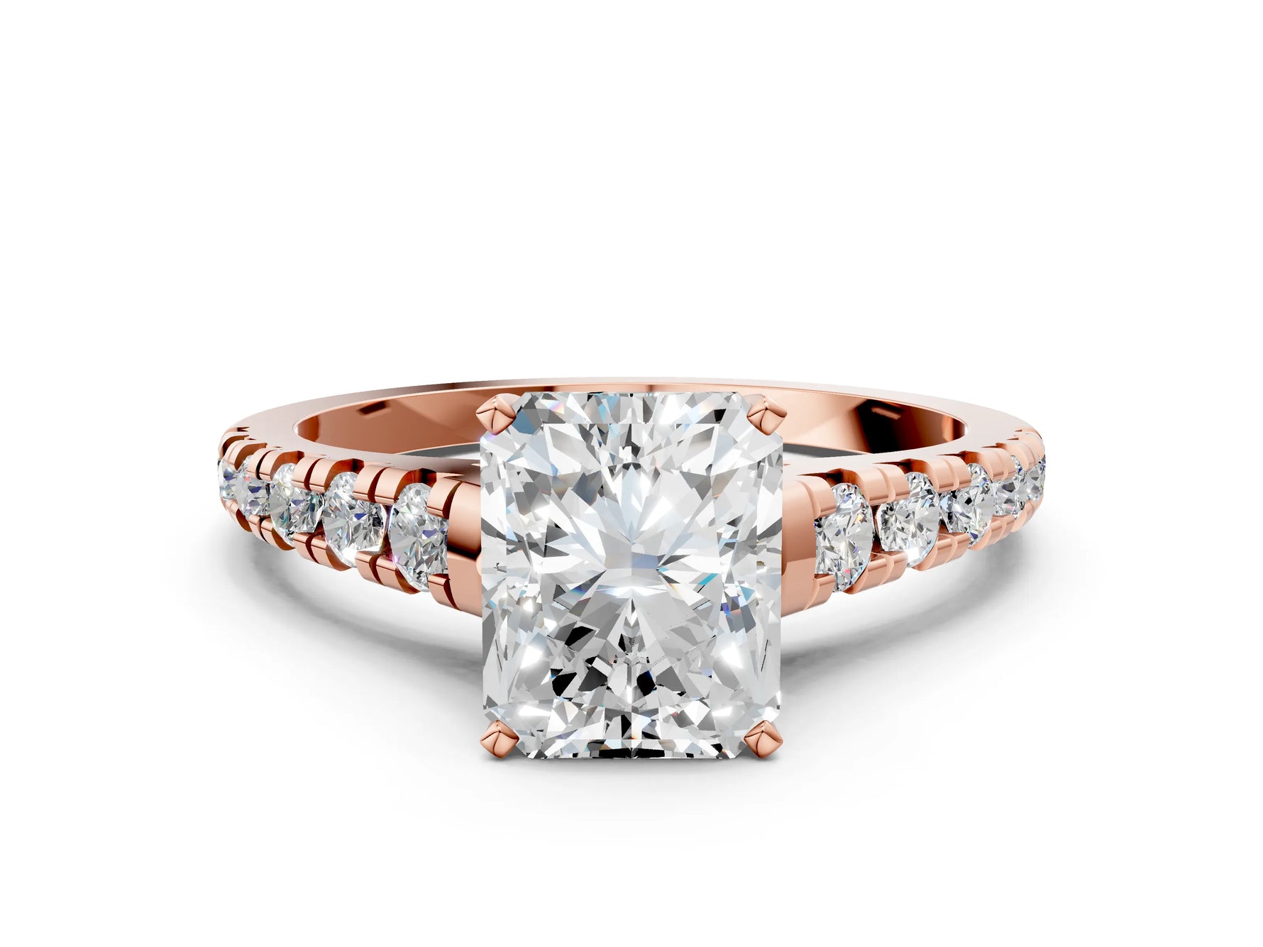 Radiant Cut Diamond Vintage Scroll Solitaire Ring in Rose gold with Graduated Round Side Stones_12