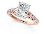 Radiant Cut Diamond Vintage Scroll Solitaire Ring in Rose gold with Graduated Round Side Stones_13