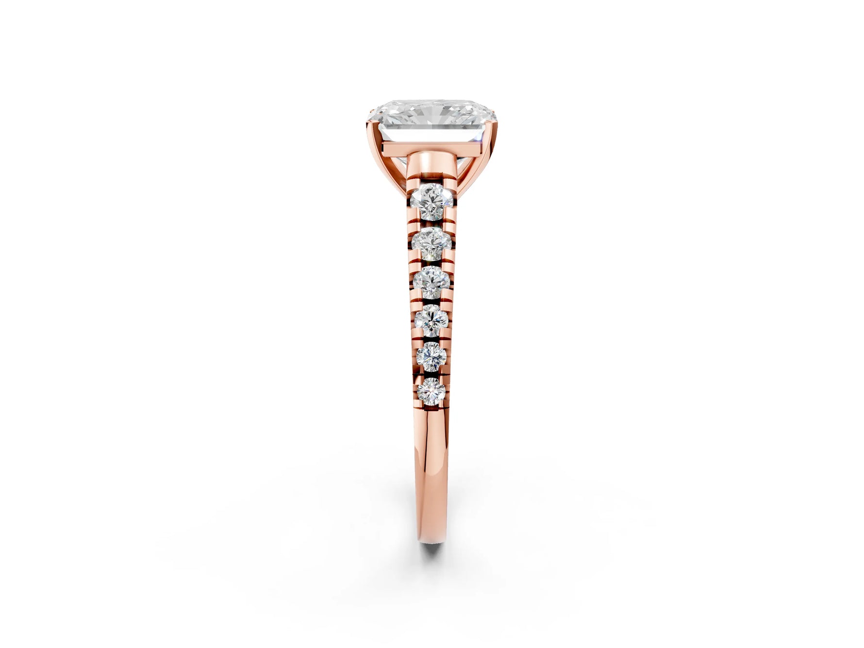 Radiant Cut Diamond Vintage Scroll Solitaire Ring in Rose gold with Graduated Round Side Stones_14