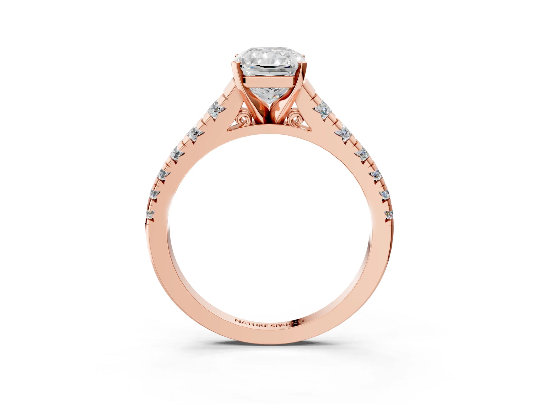 Radiant Cut Diamond Vintage Scroll Solitaire Ring in Rose gold with Graduated Round Side Stones_15