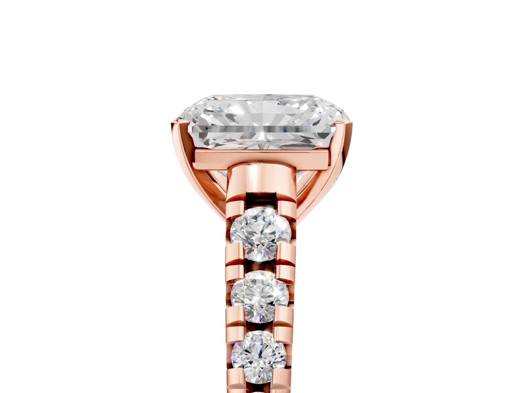 Radiant Cut Diamond Vintage Scroll Solitaire Ring in Rose gold with Graduated Round Side Stones_17